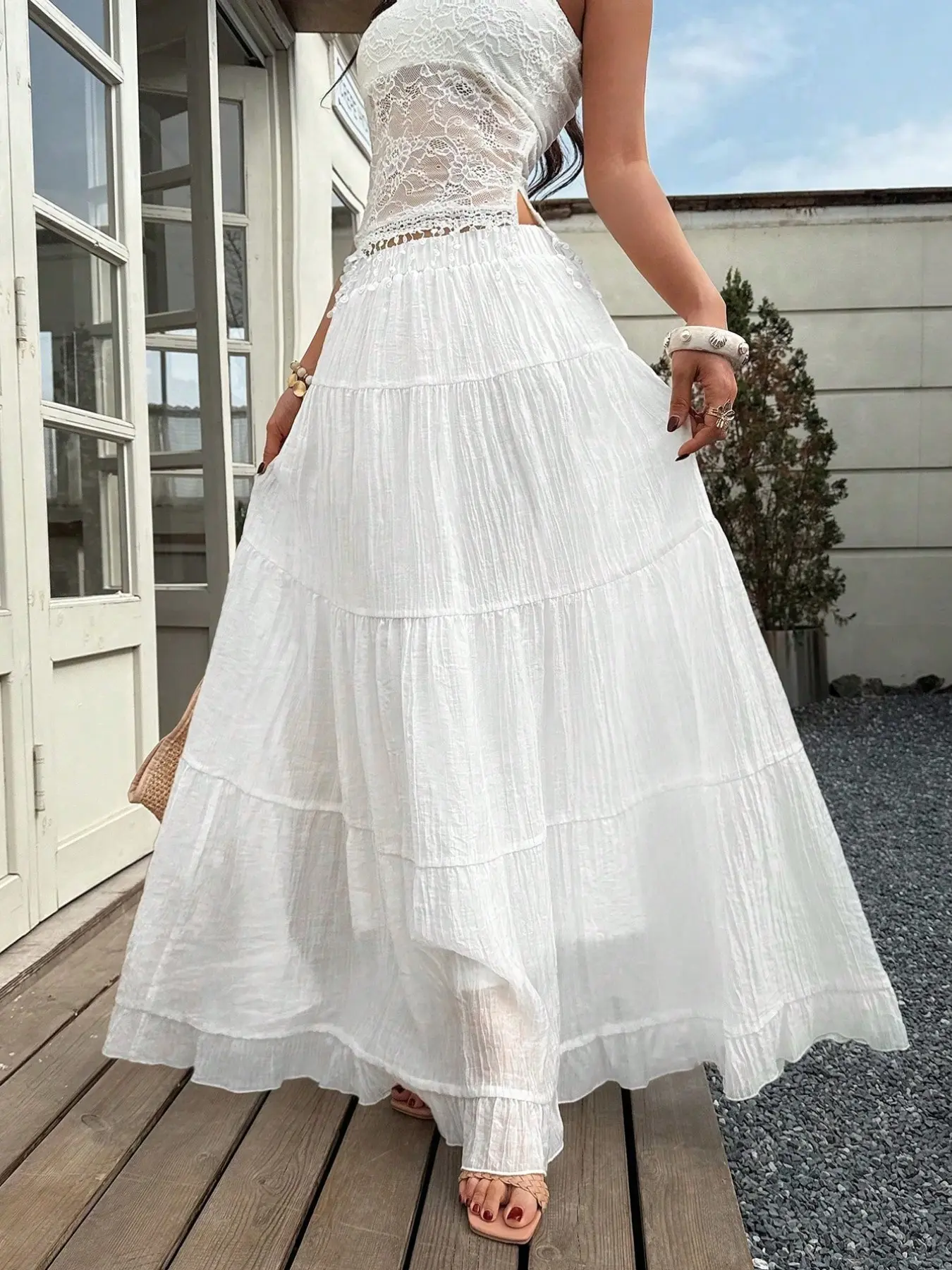 Women's Fall Skirt, Versatile Casual Vacation Daily Wear, Multi-Layer Ruffle Hem Skirt, Flowy Slimming Half Skirt, A-Line Style