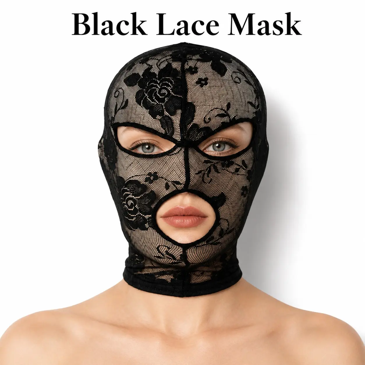 Black Gothic Lace Full Face Costume Mask, Stretch Mesh Hood with Eye & Mouth Openings for Halloween Cosplay Party