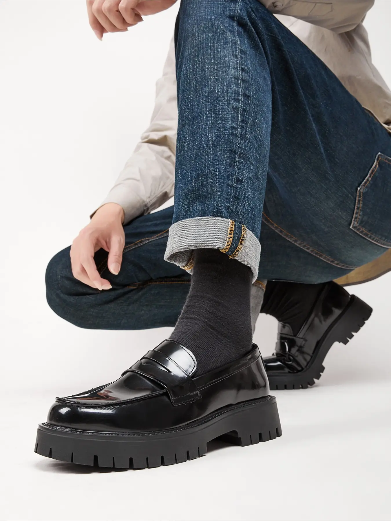 Men's Chunky Platform Penny Loafers - Patent Leather Slip-On Oxford Shoes, Non-Slip Lug Sole, Casual & Business Work Footwear, Office Commuting Shoes