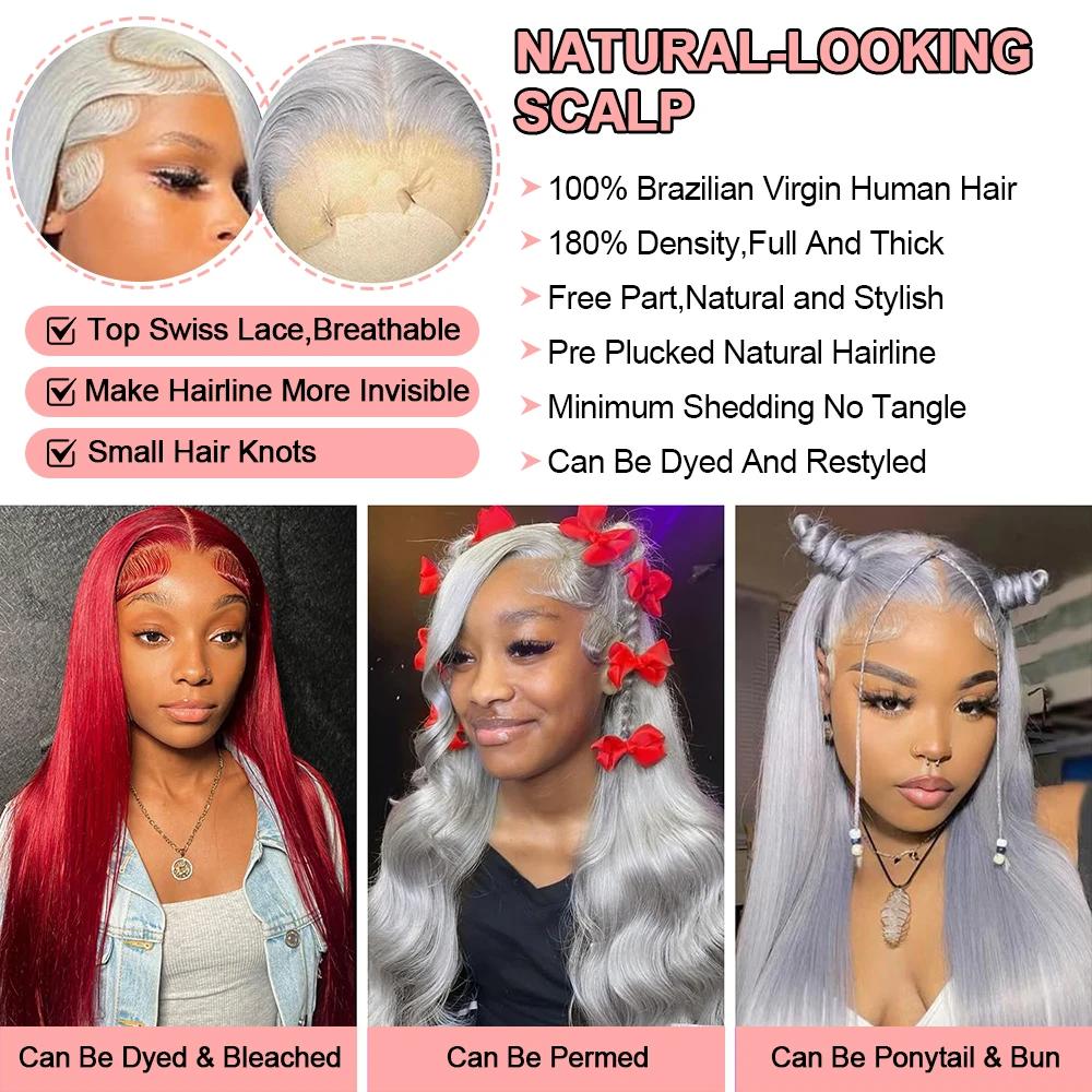 Bling Hair 30 Inch Silver Grey Straight 13x6 Hd Lace Frontal Human Hair Wigs Colored Hair Pre Plucked 13x4 Transparence Lace Front Wig 100% Human Hair Brazilian For Women
