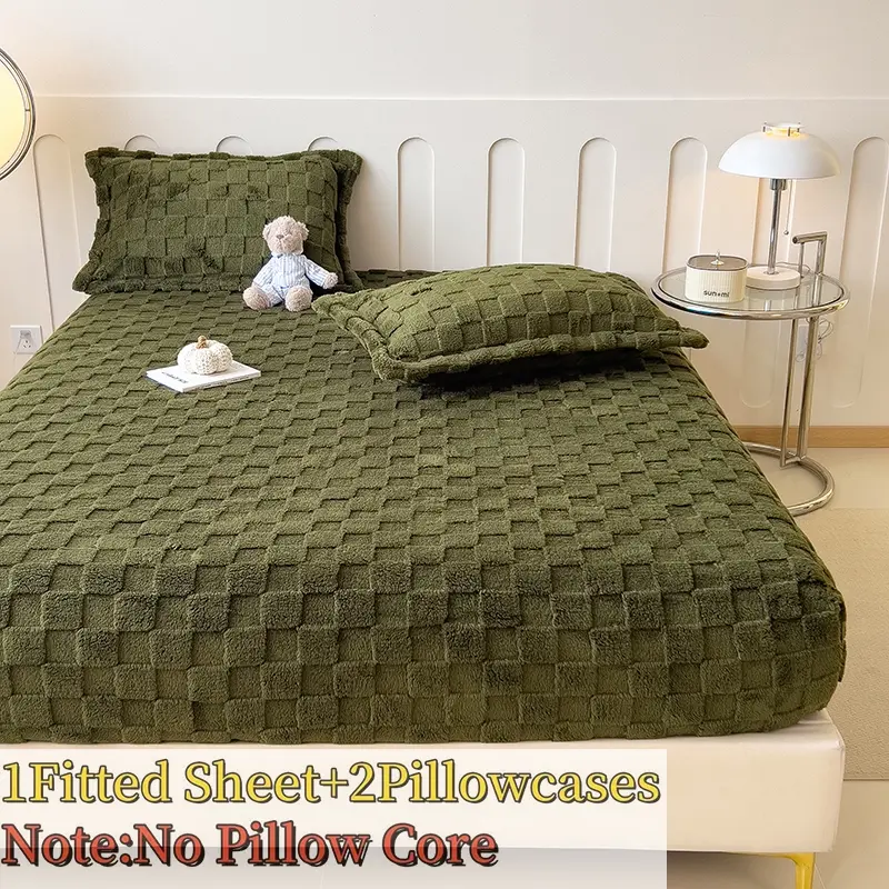 3-Piece Bedding Set, Milk Velvet Mattress Protector, Thickened Warm Pillowcases, Full Coverage Elastic Bed Skirt, Suitable for Bedroom Hotel, Soft Bedding Set