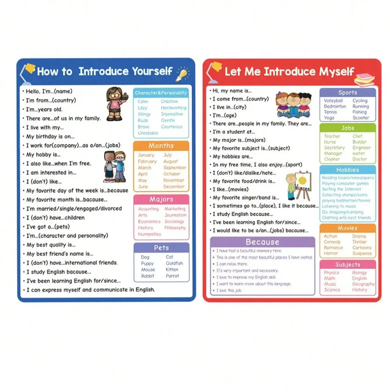 English Learning Posters Set, Self-Introduction Sentences, Children Education Classroom Aids, Home Study Supplies, Mixed Colors