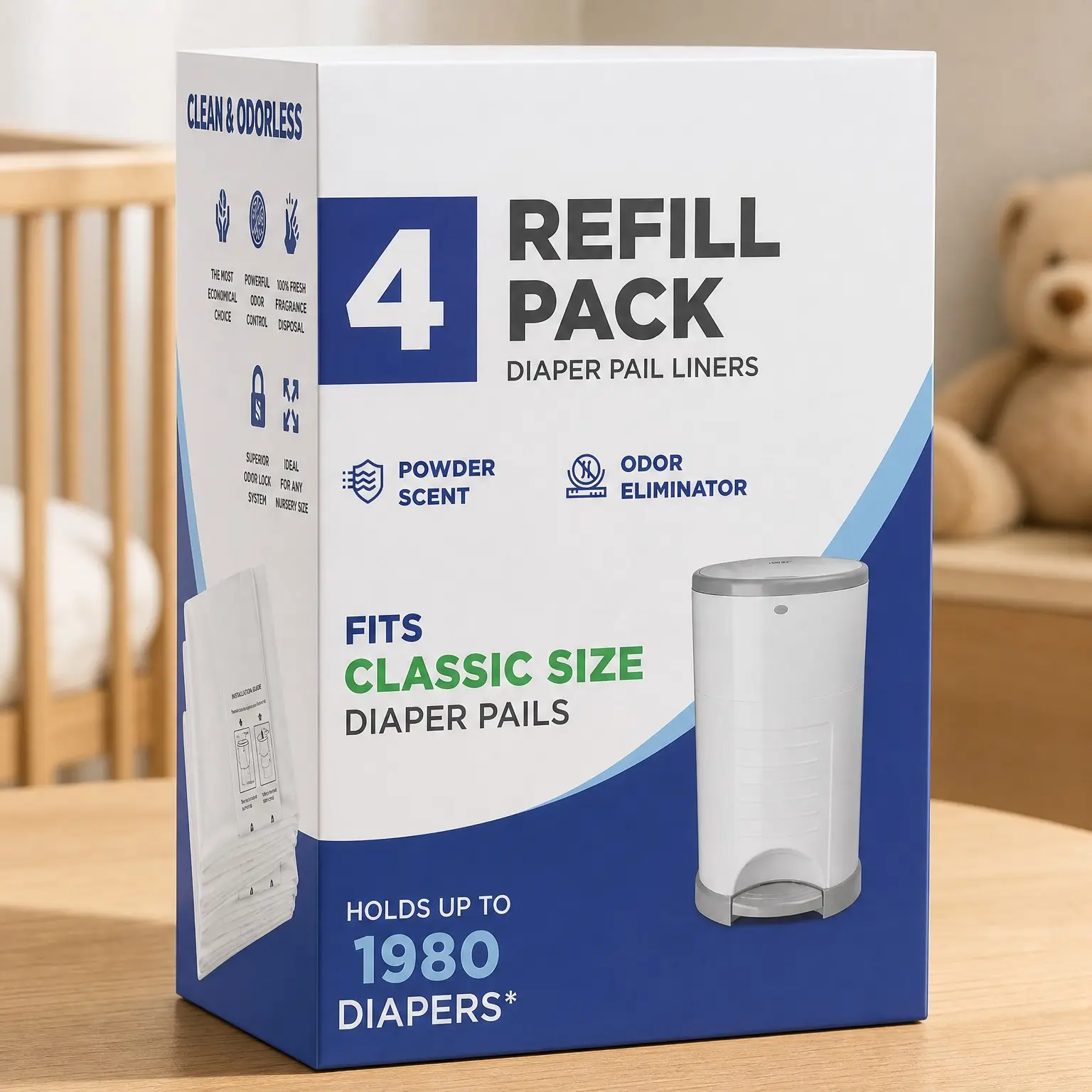 Diaper Pail Refill Liners | 4 Pack | Compatible with Diaper Pails | Extra Thick | Fresh Scent | Easy to Replace & Dispose | Odorless Baby Diaper Disposal(Gift)