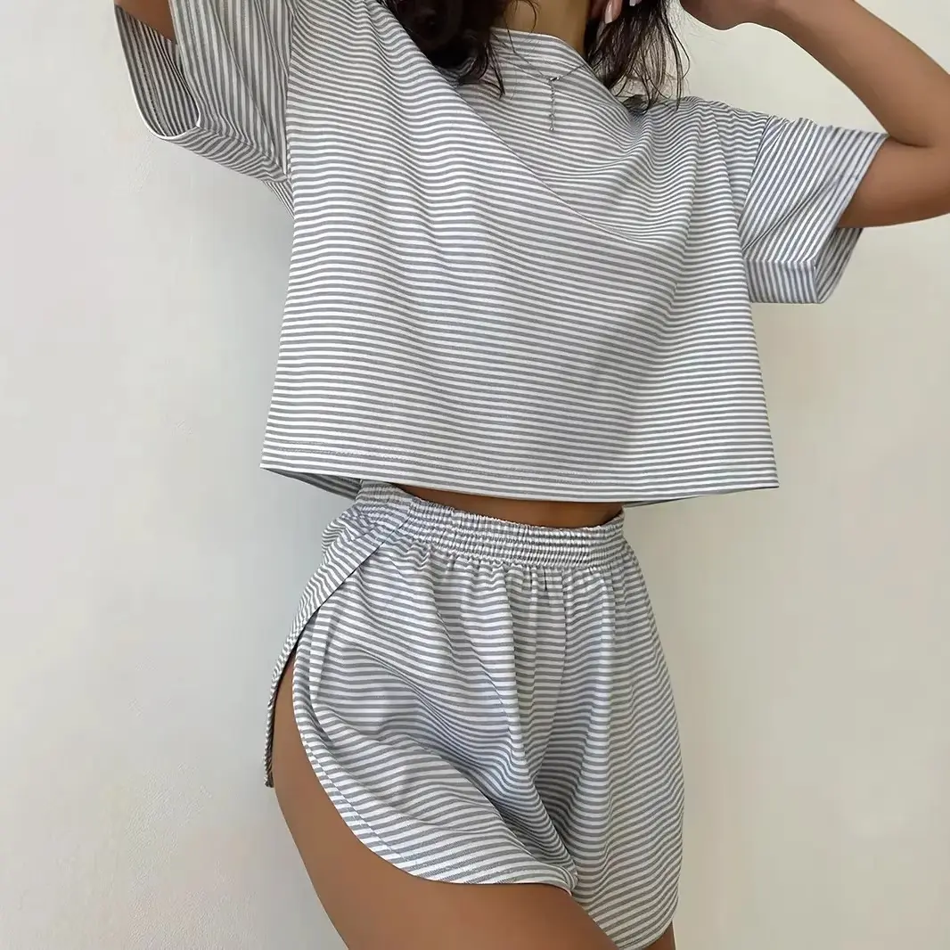 Women’s 2-Piece Knit Lounge Set, Short Sleeve Top & Shorts Pajama, Comfortable Summer Homewear for Daily Wear