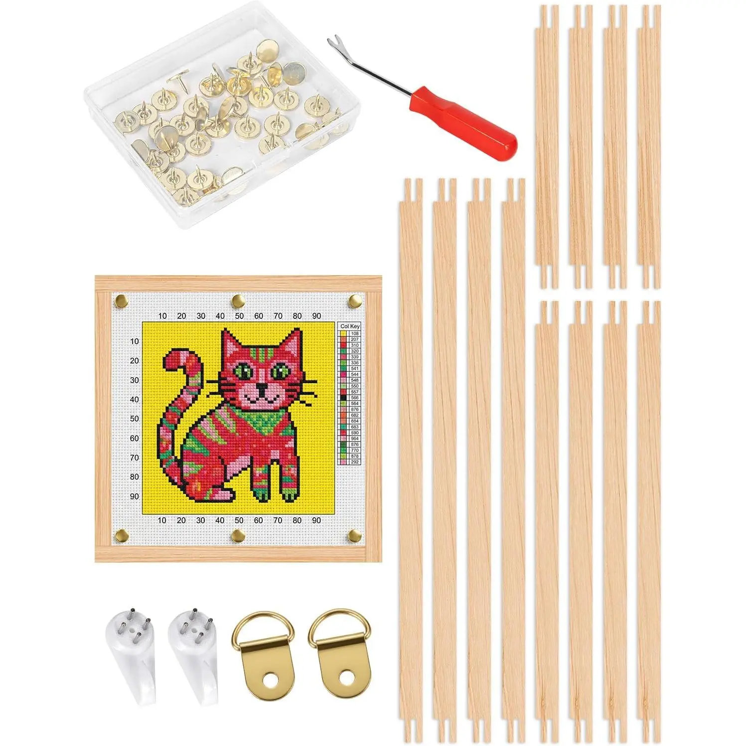 6-in-1 Telescopic Pole Set, 3 Size Wooden Needlepoint Stretcher Bars with Thumb Tacks and Tacks Remover, DIY Canvas Splicing Stretcher Frames for Embroidery Crafts Art Accessories