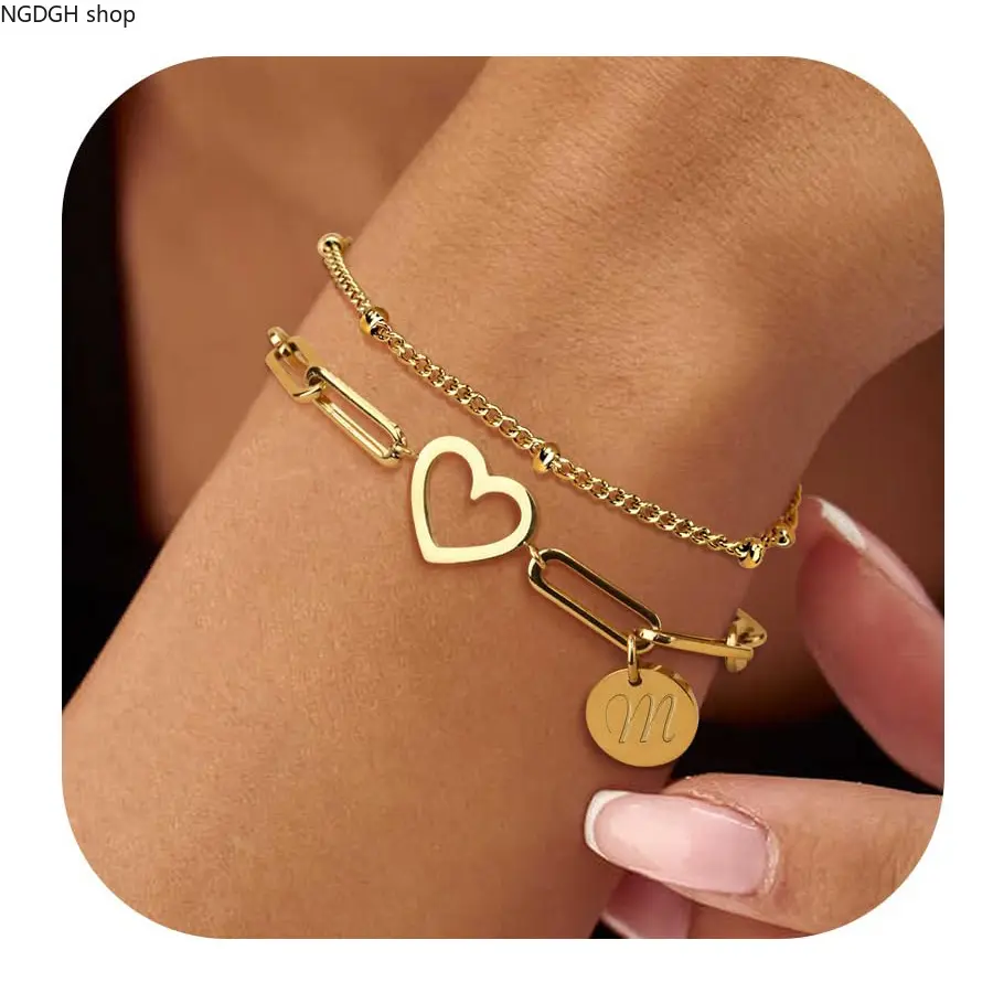 Female Stackable Women's Gold Initial Dainty Letter Link Bracelets - Trendy Layered Paperclip Heart Charm Chain, Personalized Engraved Disc, Adjustable Stainless Steel Elegant Jewelry Bracelet for Daily Wear & Gifting, Dainty Bracelets