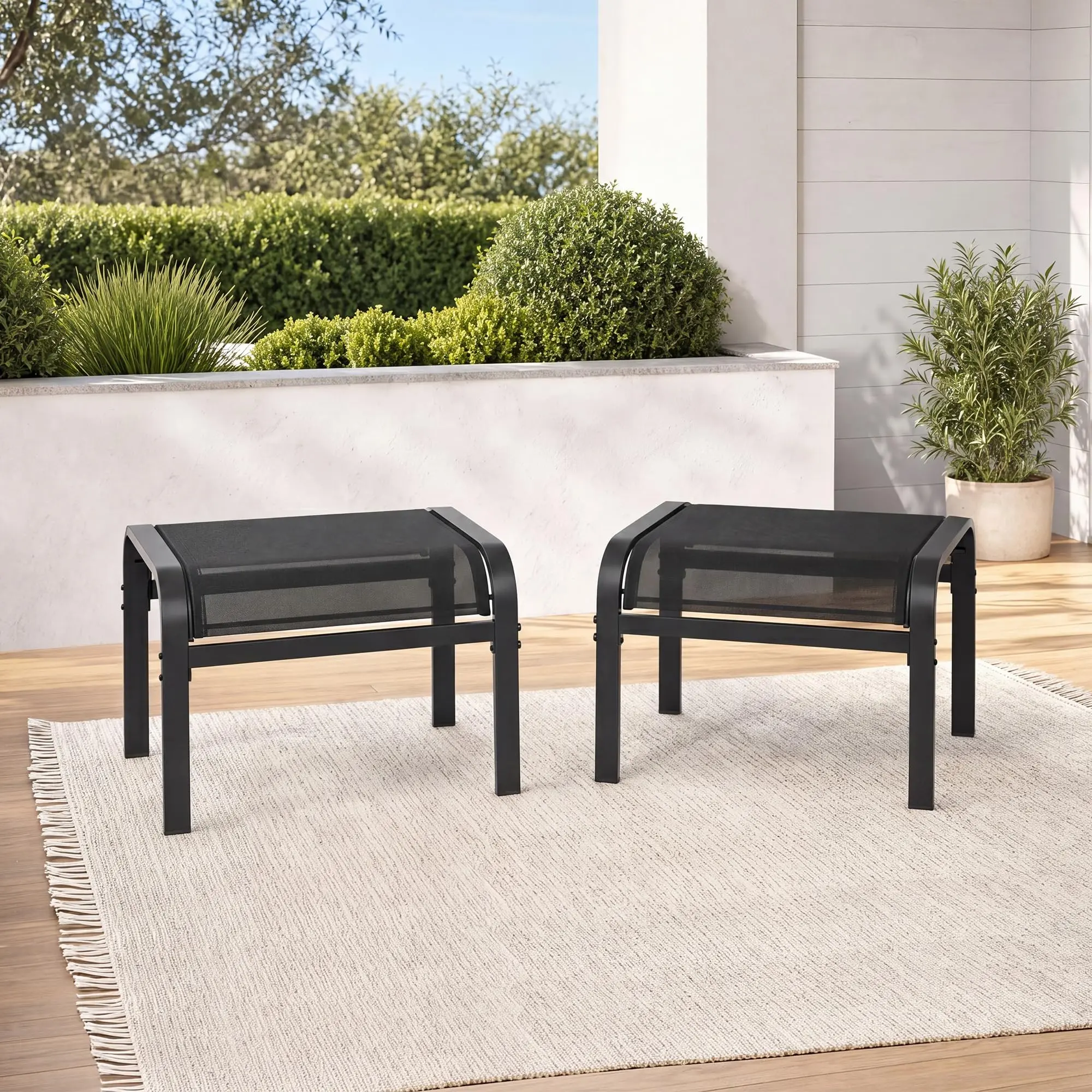 Outdoor Ottoman Set of 2 – Textilene Patio Foot Stool with Metal Frame & No-Slip Feet, Stackable Foot Rest for Pool, Garden, Backyard & Balcony