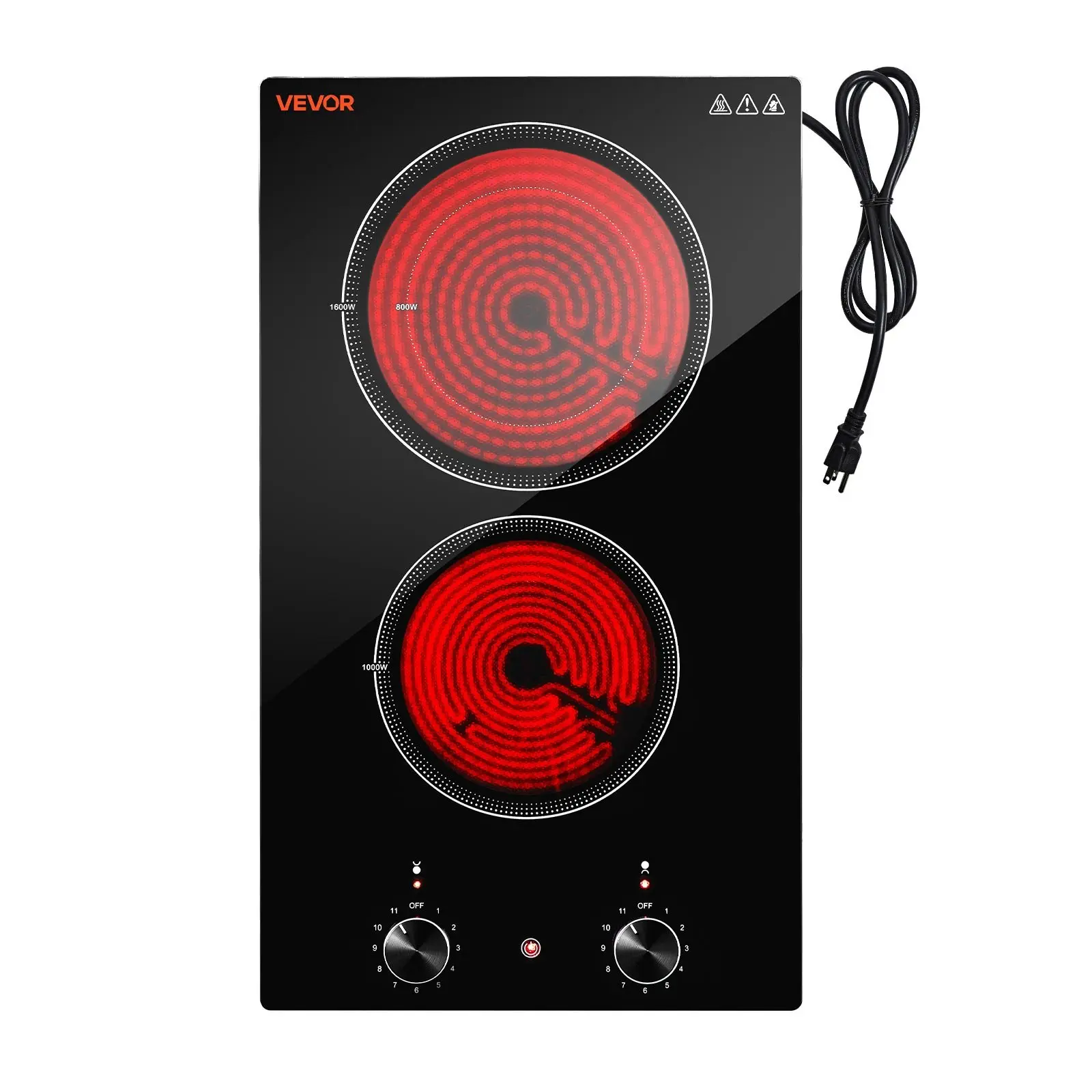 VEVOR Electric Cooktop 12in 2 Burners Portable Stove Top 1800W 120V Plug In, Ceramic Countertop/Built-in Radiant Electric Stove, with 11 Power Levels, Over-Heat Guard, Knob Control