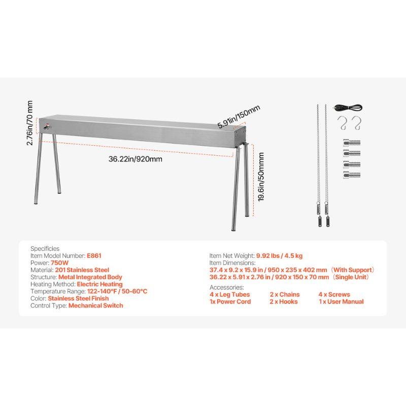 VEVOR Food Heat Lamp, 750W Hanging Commercial Food Heating Warmer, Stainless Steel Electric Strip Heater Light with Cord, Heatlamp Warming Equipment for Food Restaurant, Buffet, and Catering Kitchen