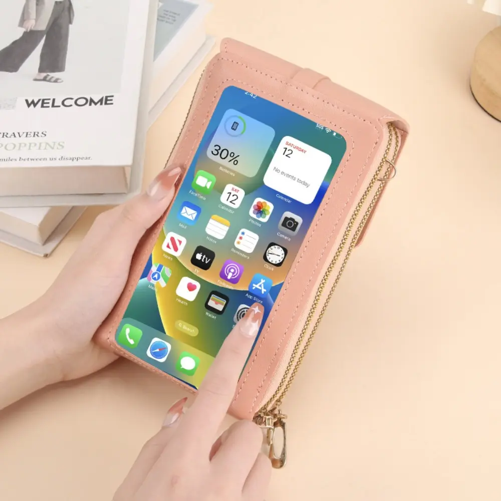 2 Pcs Set Vertical Touch Screen Clear Crossbody Phone Bag, Textured PU Leather Multi Card Coin Mini Shoulder Purse Adjustable Strap for Women Daily Travel Gift