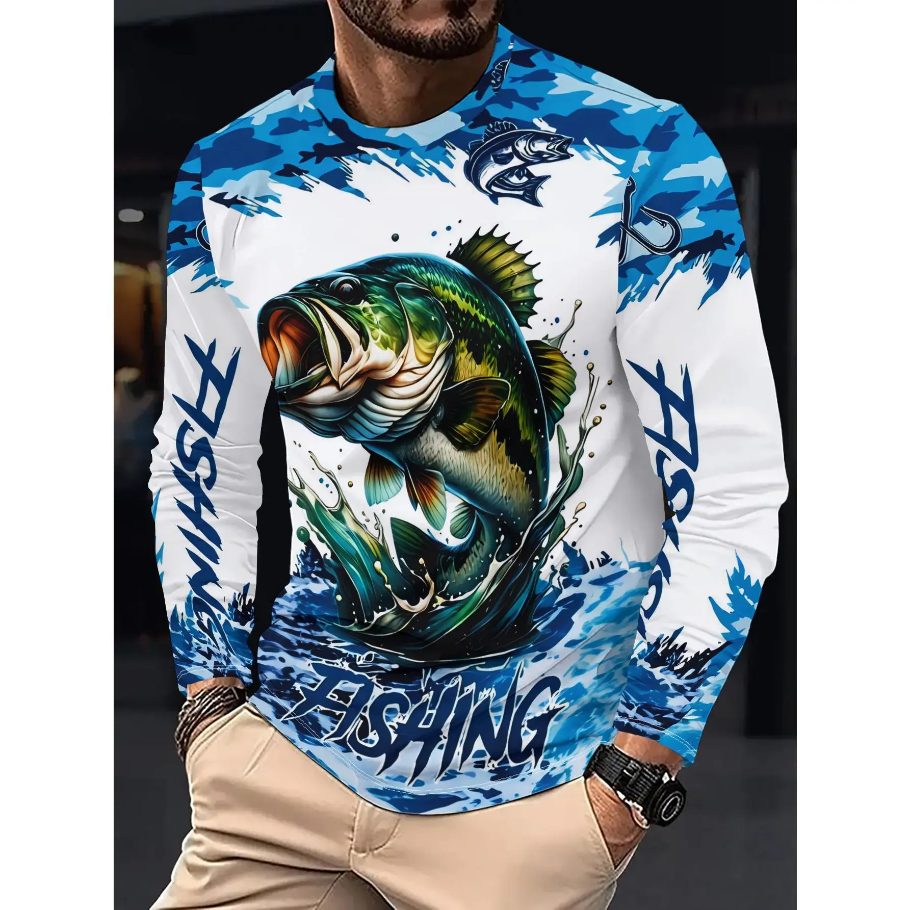 Men'S Crew Neck T-Shirt with a Print of a Largemouth Bass Jumping Out of The Water Surrounded by Waves And Fishhooks, Casual Long-Sleeved T-Shirt