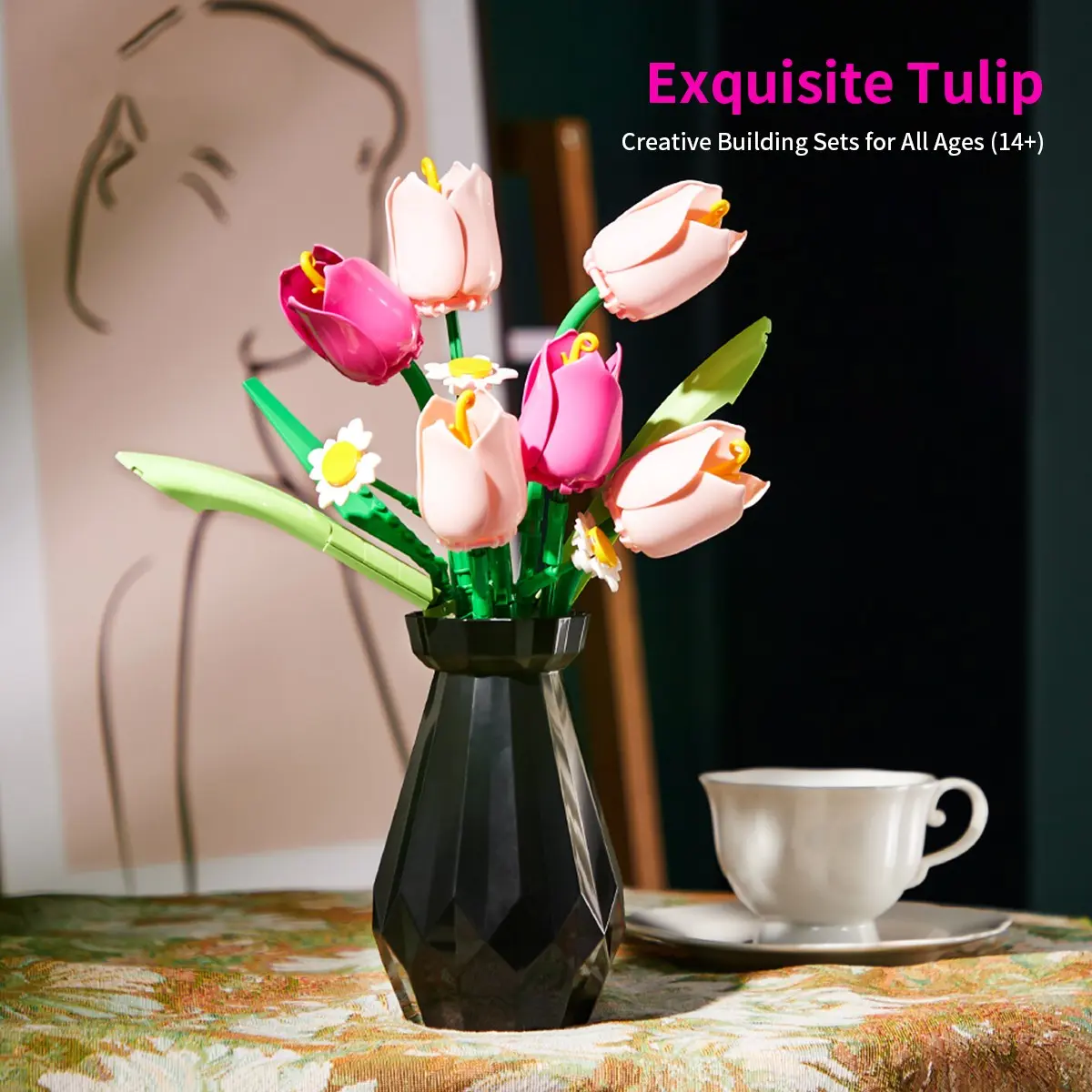 223pcs Tulip Building Blocks Flower Set, DIY Flower Art Decor with Vase, Perfect Valentine's Gift for Ages 8 and Up