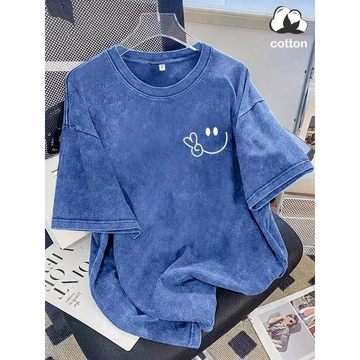 Vintage Washed Cotton Loose-Fit T-Shirt, Cute Face And Heart Print, Women's Casual Street Style Short-Sleeve Top, Wrinkle-Resistant Washed Cotton T-Shirt-Washed Distressed Street Style Unisex Graphic Grunge Album Lever Action Rifle Cool Meme