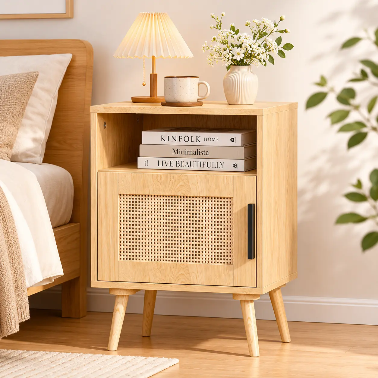Bohemian Rattan Nightstand, Nordic Minimalist Bedside Table with Open & Closed Storage, Solid Wood Legs, Eco - friendly for Bedroom Living Room