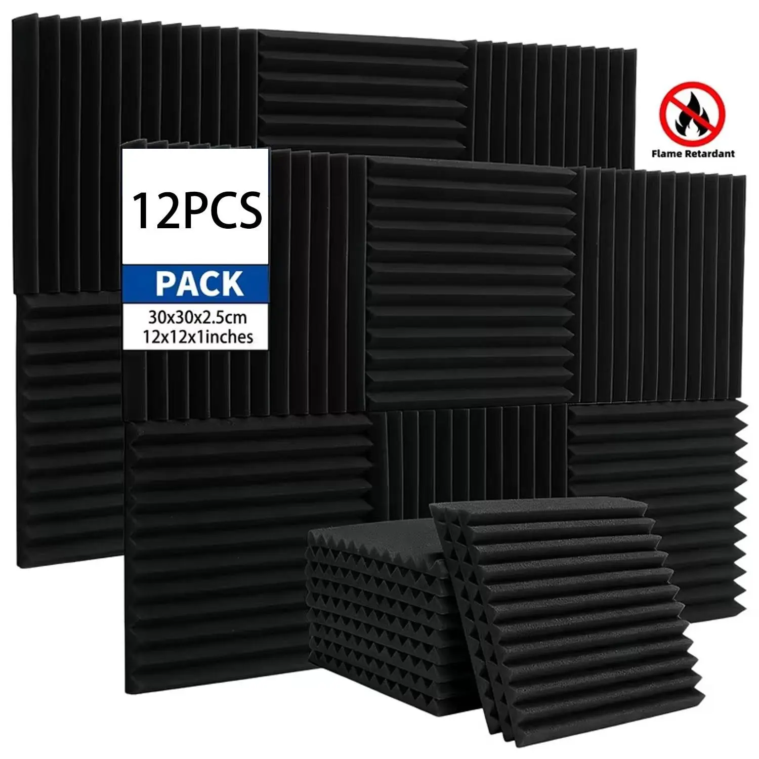 New 12-piece black soundproof foam board, high-density flame-retardant pyramid sound-absorbing cotton, soundproof board, suitable for acoustic spaces such as piano rooms, dance rehearsal rooms, etc., soundproof wall panels, home theater.