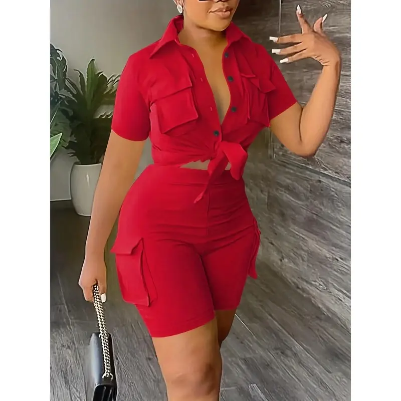 (New)New Urban Style Women'S Short-Sleeve Shirt And Solid Color Shorts Two-Piece Set Womenswear Clothes Suits Gamis