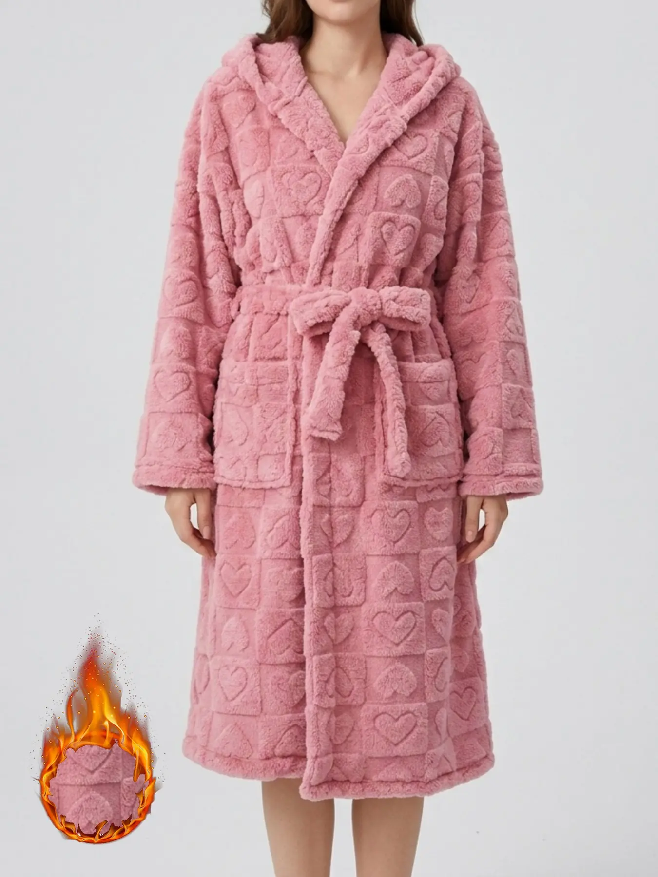 Sweet Plaid Heart Pattern Sleep Robe for Women, Cute Bear Ears Hooded Belted Waist Long Bathrobe, Thick Fuzzy Warm Home Robe, Pockets, Loungewear, Nightwear