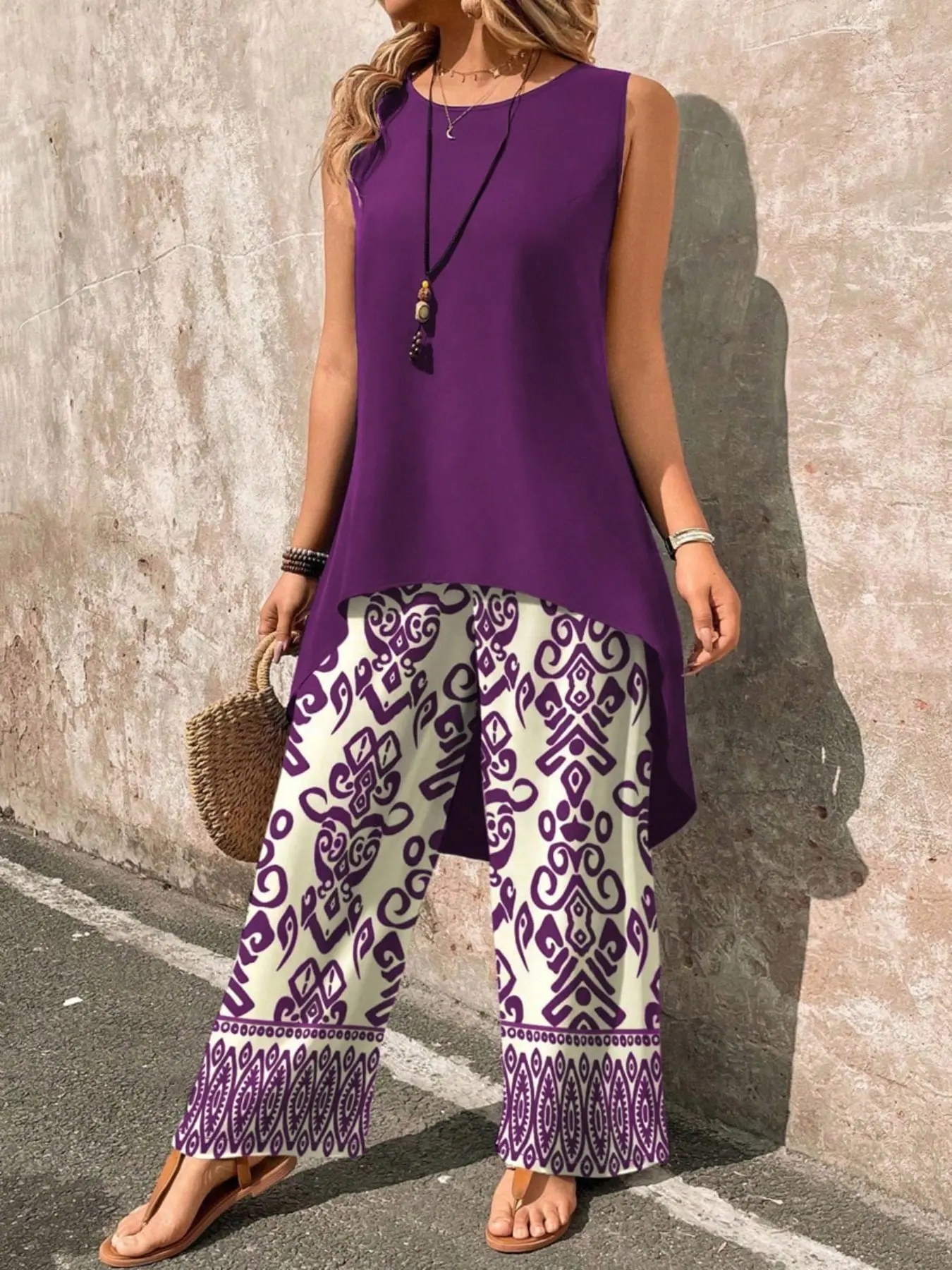 Women's Sleeveless Top & Wide Leg Pants Set, Casual Bohemian Fashion Print, Chic, Comfortable Daily Wear, Stylish Women's Clothing