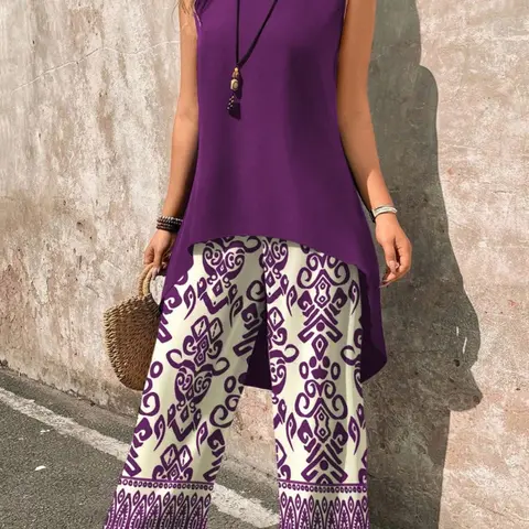 Women's Sleeveless Top & Wide Leg Pants Set, Casual Boho Bohemian Fashion Print, Chic, Comfortable Daily Wear, Stylish Women's Clothing