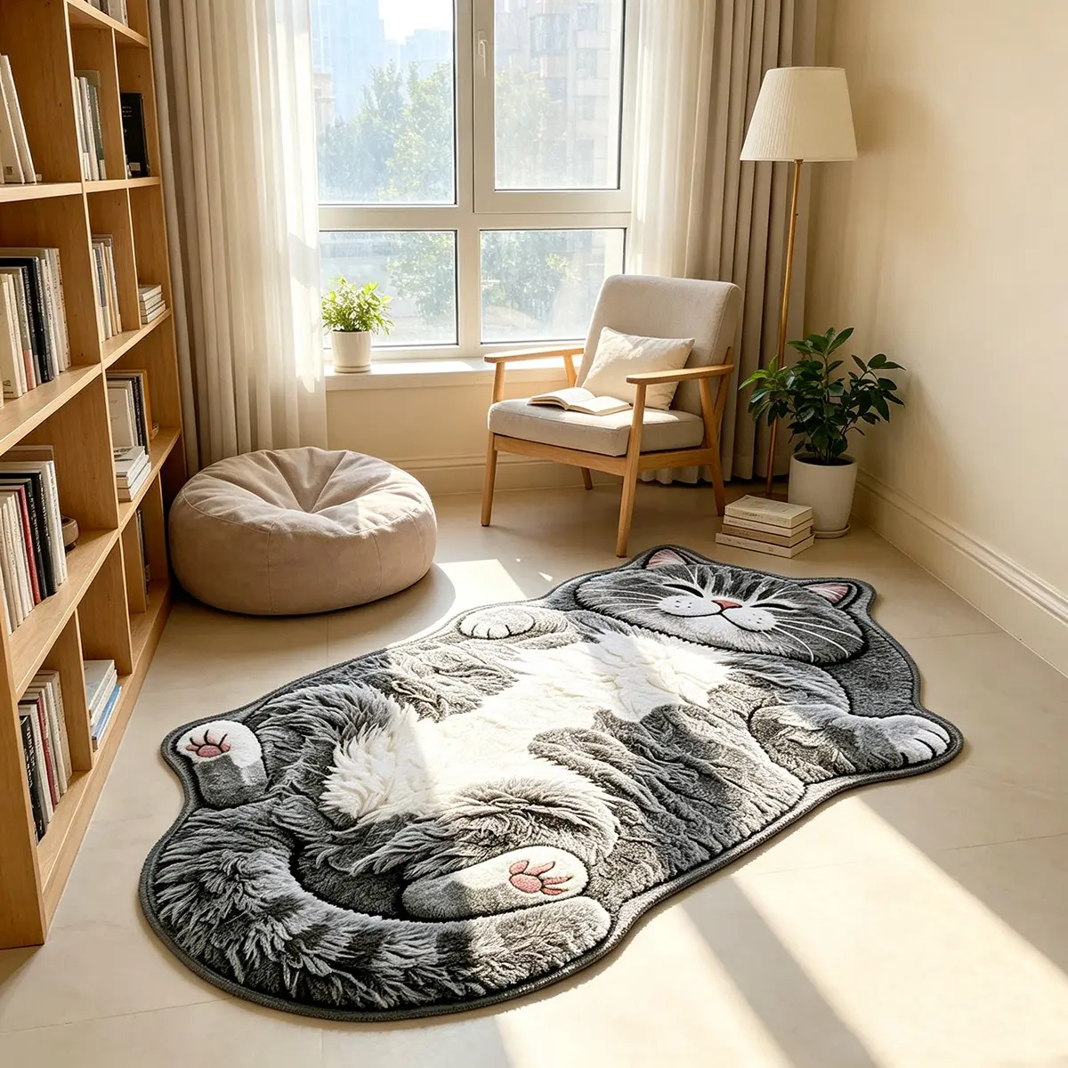 1PC Thin Flannel Cute Grey Cat Shaped Rug, Decorative Rug, Short Plush Creative Lying Cat Floor Mat, Soft Washable (Hand Wash Only) Fluffy Carpet for Bedroom Bedside Entryway Hallway, Healing Pet Style Living Room Home Decor Rug