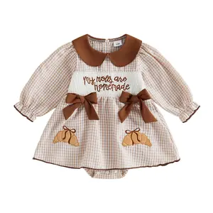 Newborn Baby Girl Thanksgiving Romper Dress Croissant Embroidery Short Bubble Sleeve Plaid Jumpsuits 0-12 Months
