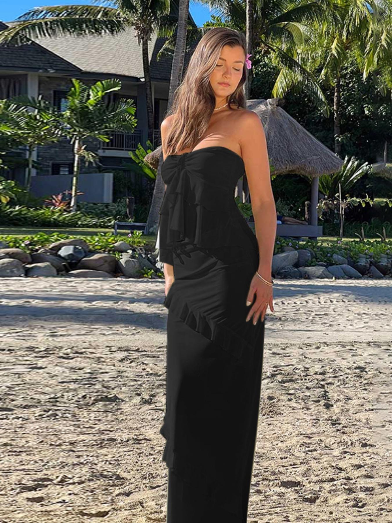 Women's Solid Blackless Tube Top & Ruffled Bodycon Skirt Set, Casual Fashion Cozy Two-piece Outfits for Daily Holiday Vacation Wear, Ladies Clothes for Summer Easter