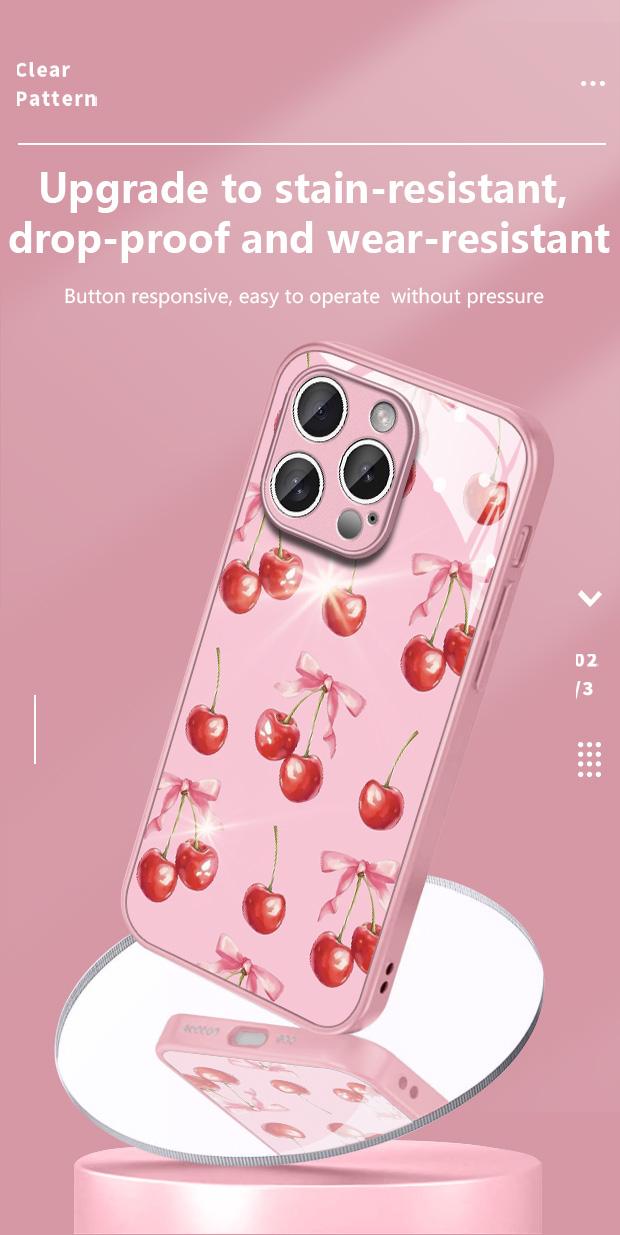 Pink Bow & Cherry Pattern Tempered Glass Case for iPhone 13/14/15/16 Pro/17 Pro Max Exquisite Design Drop-Resistant Scratch-Proof Protection Full Camera Lens Coverage