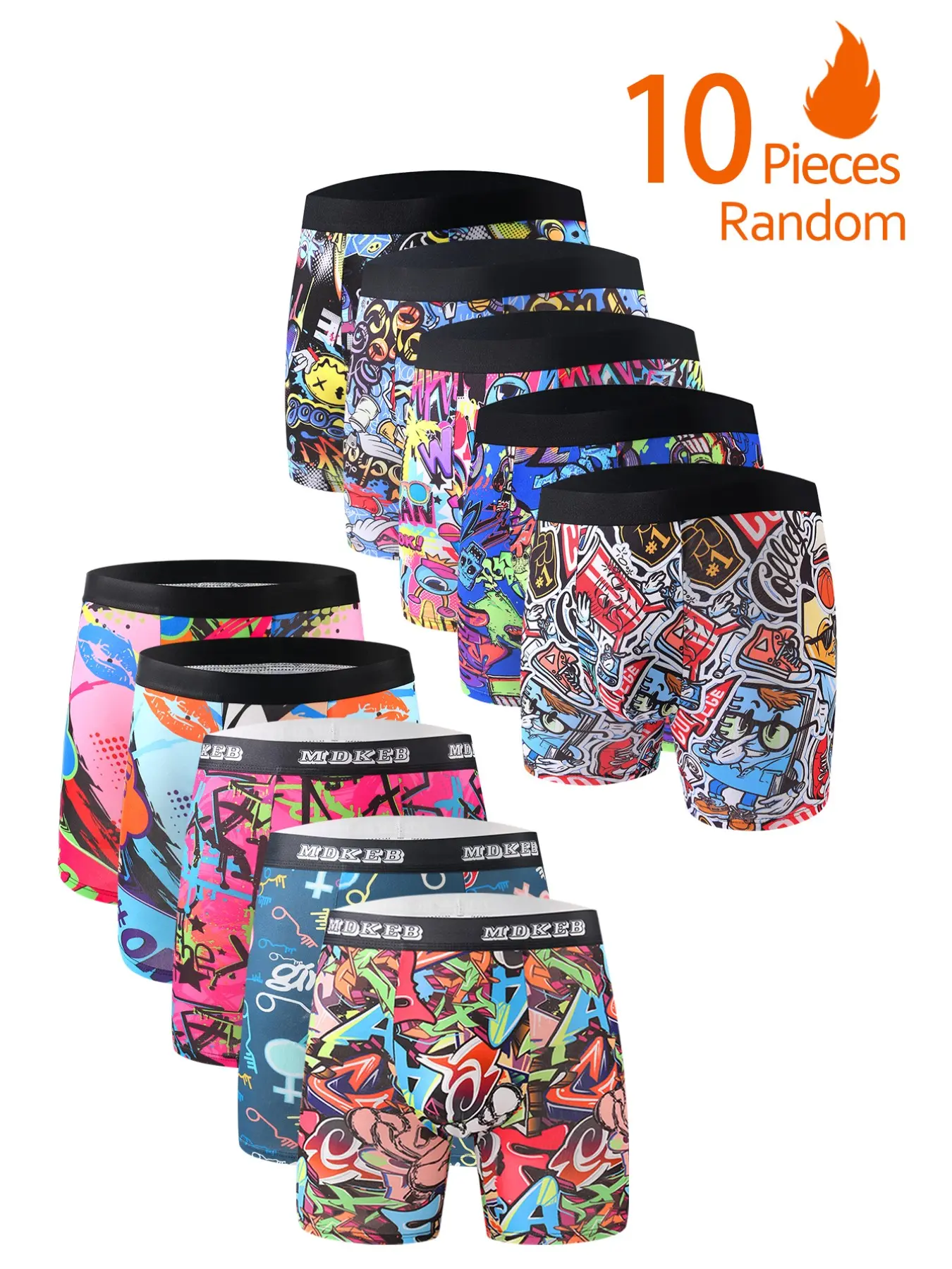 10 Pcs Men's Fashion Graffiti Geometric Print Pattern Boxers, Boxer Waist, Breathable High Elastic Long Boxers, Sports Trunks, Boxing Shorts, Novel High Stretch Streetwear Underwear