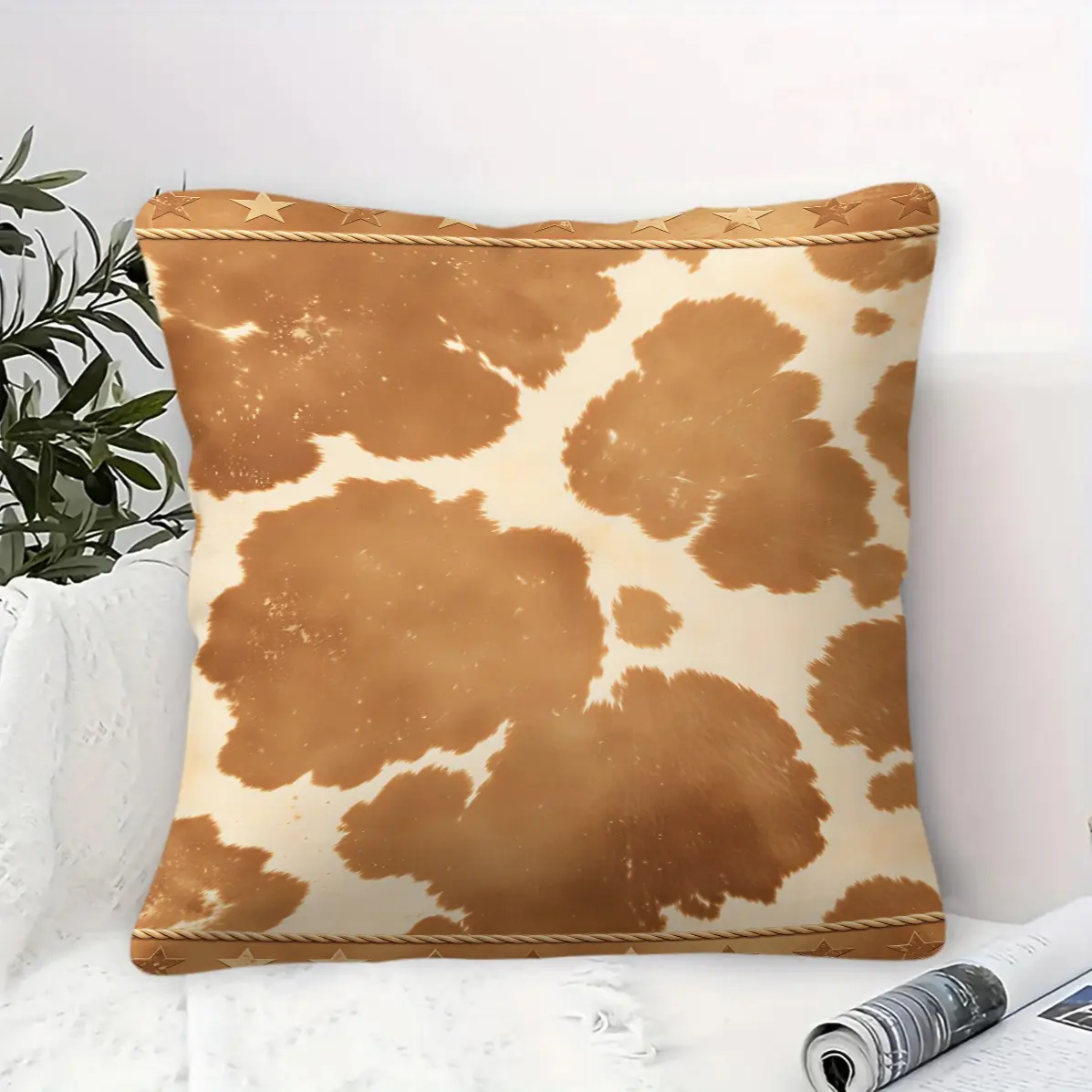 1Pc 45x45cm Vintage Brown Cowhide Pattern Throw Pillow | HD Print, Plush Soft Filling (With Insert). Universal for Indoor & Outdoor, Fits All Home Styles.