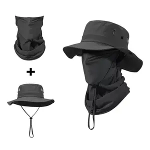 2-Piece Set: Wide Brim Bucket Hat & Ice Silk Sun Protection Mask, Unisex Foldable Cap for Beach & Fishing, Suitable for Camping, Hiking and All Summer Outdoor Activities protection hat fisherman summervibes upf protection