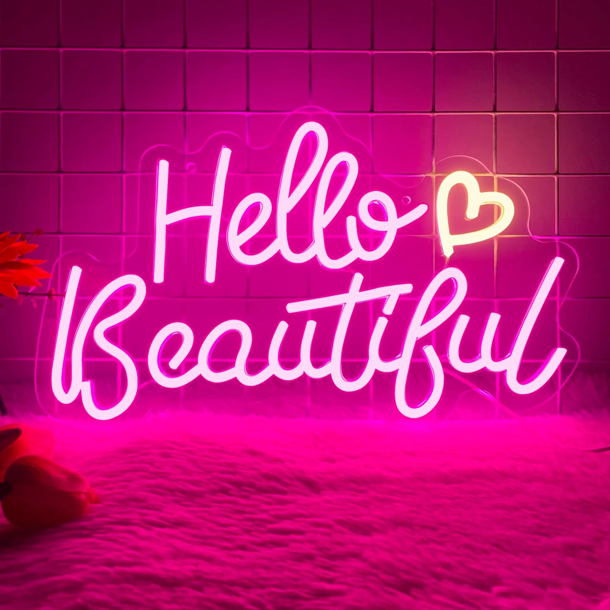 "Hello Beautiful" decorative neon indoor Wall Mounted light with a romantic vibe; creative USB-powered LED wall art; decorative dimming lights; perfect for weddings, proms, bars, "she-sheds," and birthday parties.