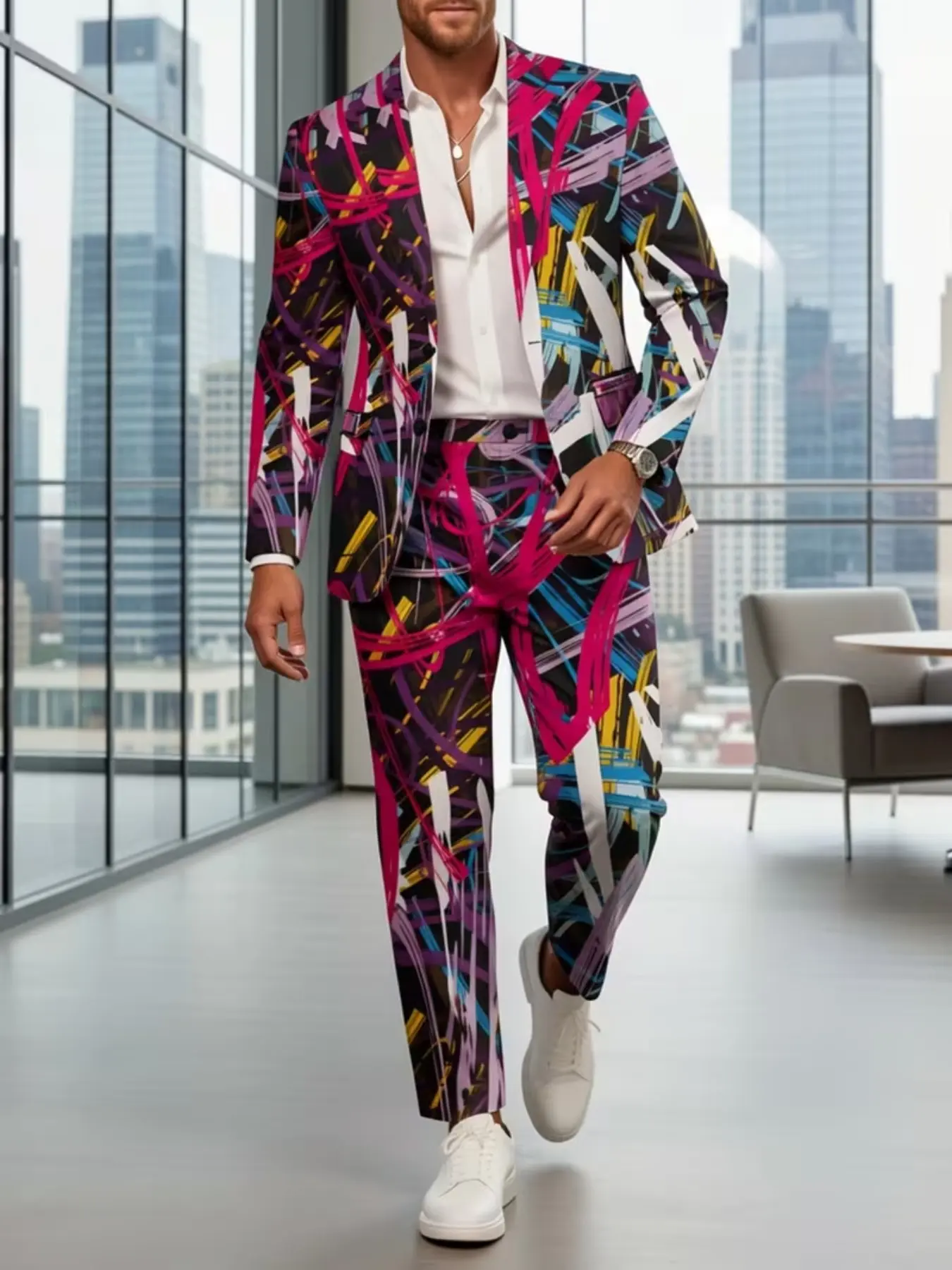 Men's two-piece suit with contrasting color-blocked graffiti print, featuring a suit jacket and trousers, artistic abstract brushstrokes, perfect for nightclub parties and stage performances.