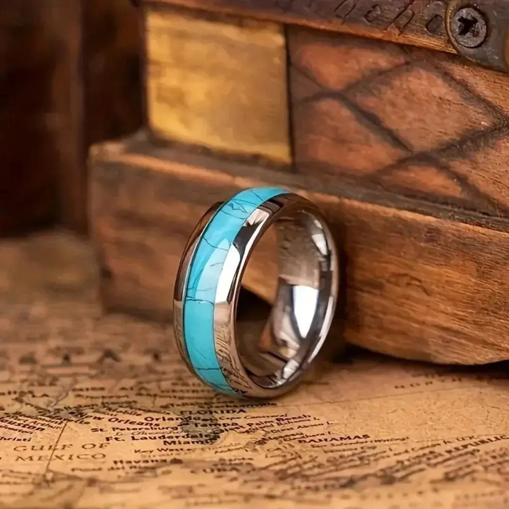 8mm Stainless Steel Band with Blue Turquoise Stone Inlay, Fashion Promise Ring for Men and Women, Wedding Engagement Jewelry, Stone Rings, Turquoise Jewelry, Promise Rings