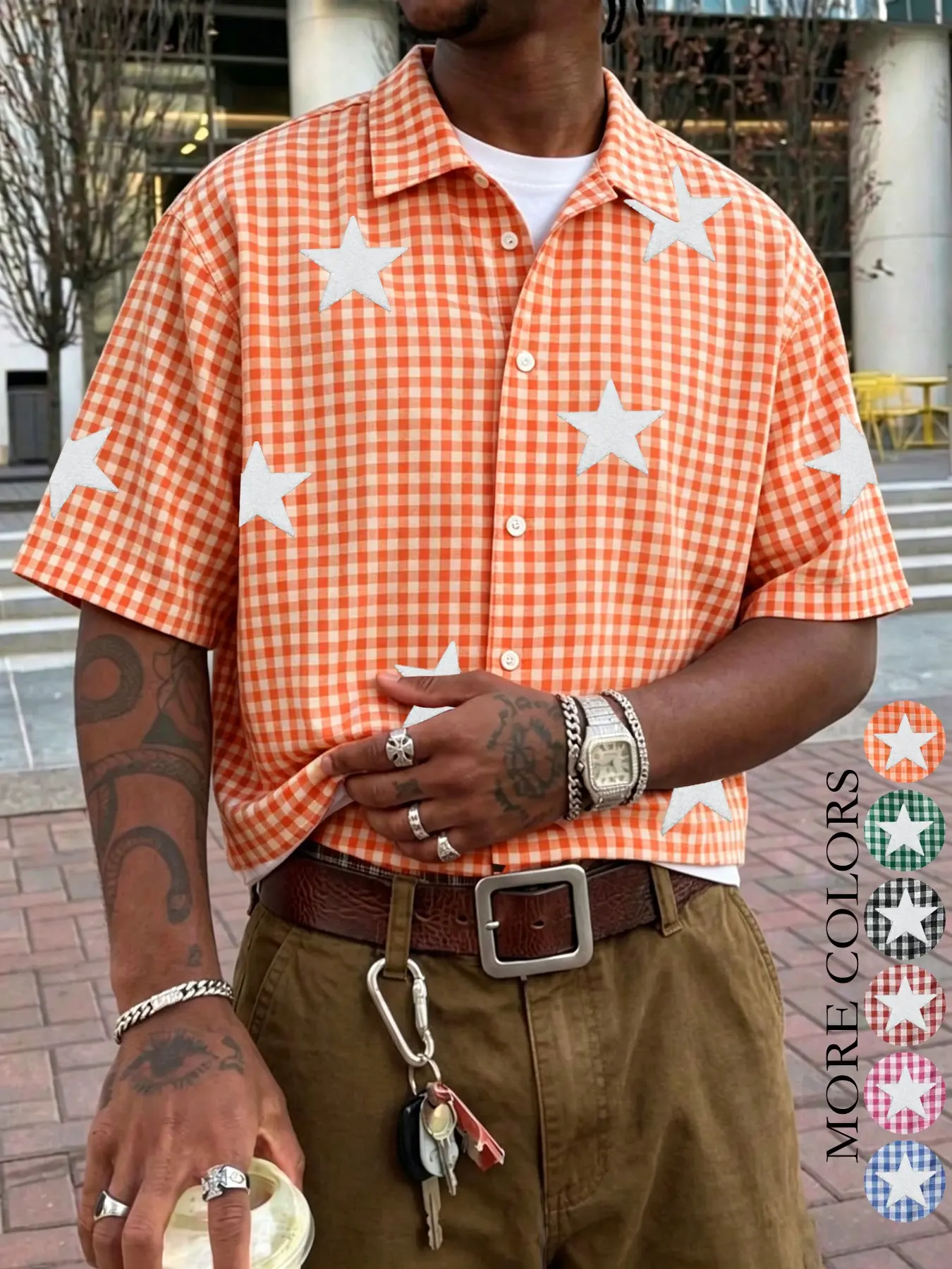 Unisex Plaid Star Embroidered Print Short Sleeve Casual Trendy Shirt, Y2K Streetwear Style Loose Fit Oversized Polo Collar Top, Summer Beach & Back-To-School Wear, Casual Streetwear Clothes