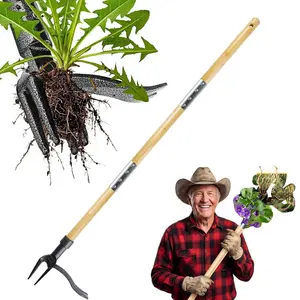 Grandpa's Weeder Tool, Weeding Tool for Garden Beds, Standing Weed Remover with Long Handle, Genuine Bamboo and 4-Prong Steel Head Design, Easy Grass Removal Without Bending
