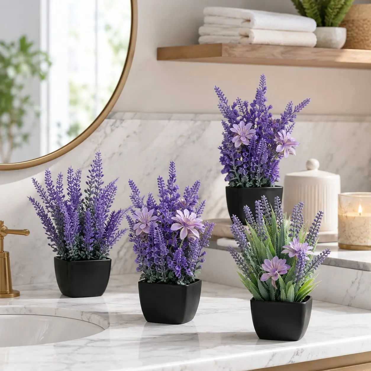 Artificial Lavender Potted Plants Purple Faux Flowers in Black Pots for Bathroom Shelf Centerpiece Wedding Party, Birthday Decoration, Flower Decorations, Home Gift DIY Floral Decoration Greenery Accent Farmhouse Room Styling Set