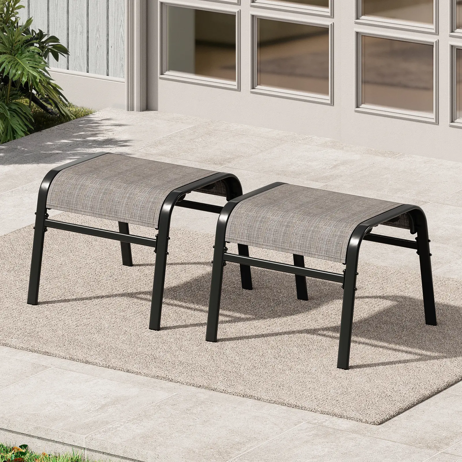 Set of 2 Stackable Outdoor Patio Ottomans – Heavy-Duty Metal Frame – All-Weather Textilene – Oversized Foot Rests for Garden, Pool, or Balcony, Ottomans Only