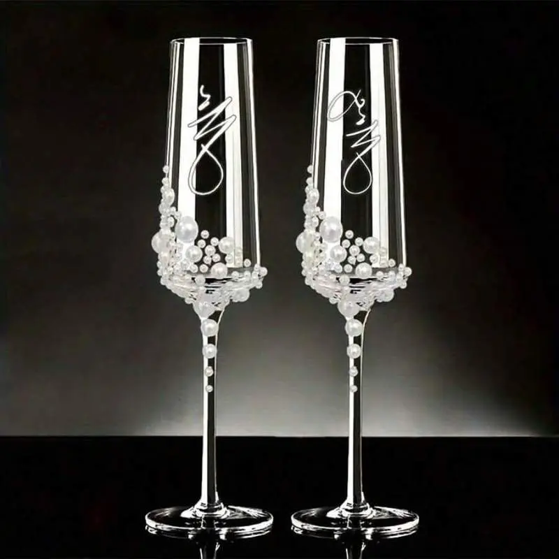 2 Piece Elegant Champagne Glasses Set Pearl Crystal Decoration Handmade Calligraphy Transparent Ideal for Wedding Celebrations