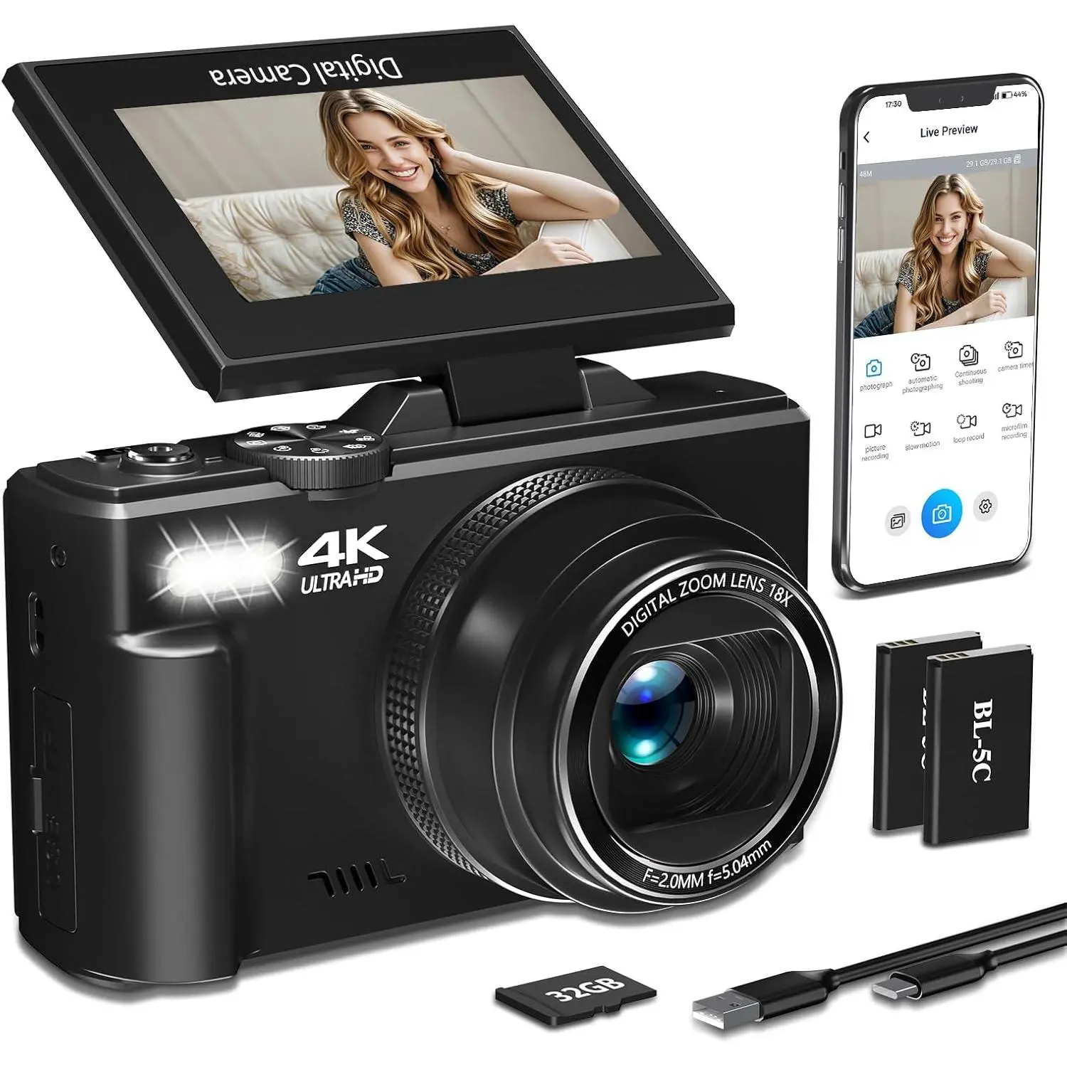 4K Digital Camera for Photography, 64MP  WiFi Vlogging Camera for YouTube with 3" 180?Flip Screen, 18X Digital Zoom,Autofocus Compact Camera with Flash,32GB TF Card & 2 (Black)