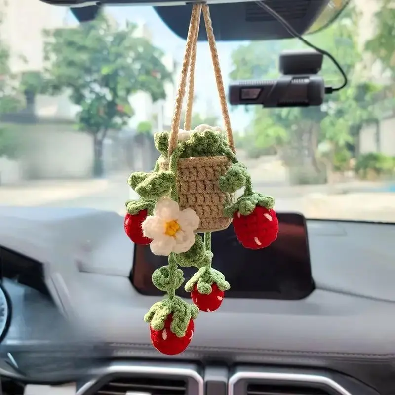 Handmade Crochet Strawberry Car Hanging Ornament - 1 Size Knitted Potted Plant Charm for Car Rearview Mirrors, Bag Accessories, Home Decor, Women's Friends' Birthdays Gift, One Size