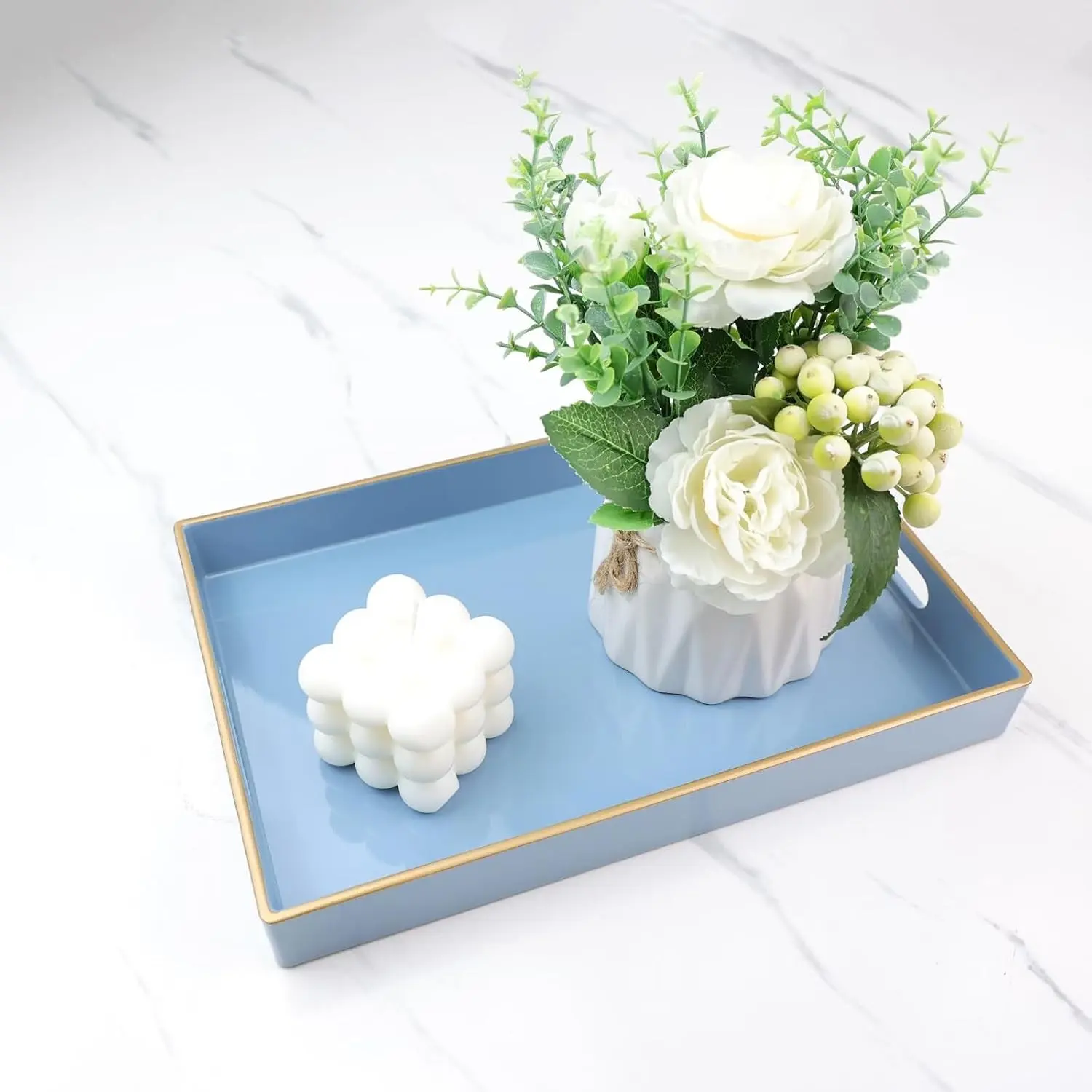 Blue Decorative Bathroom Vanity Tray with Handles for Dresser Tops Countertop Perfume Organization, Size 11.8” * 7.87” *1.37”