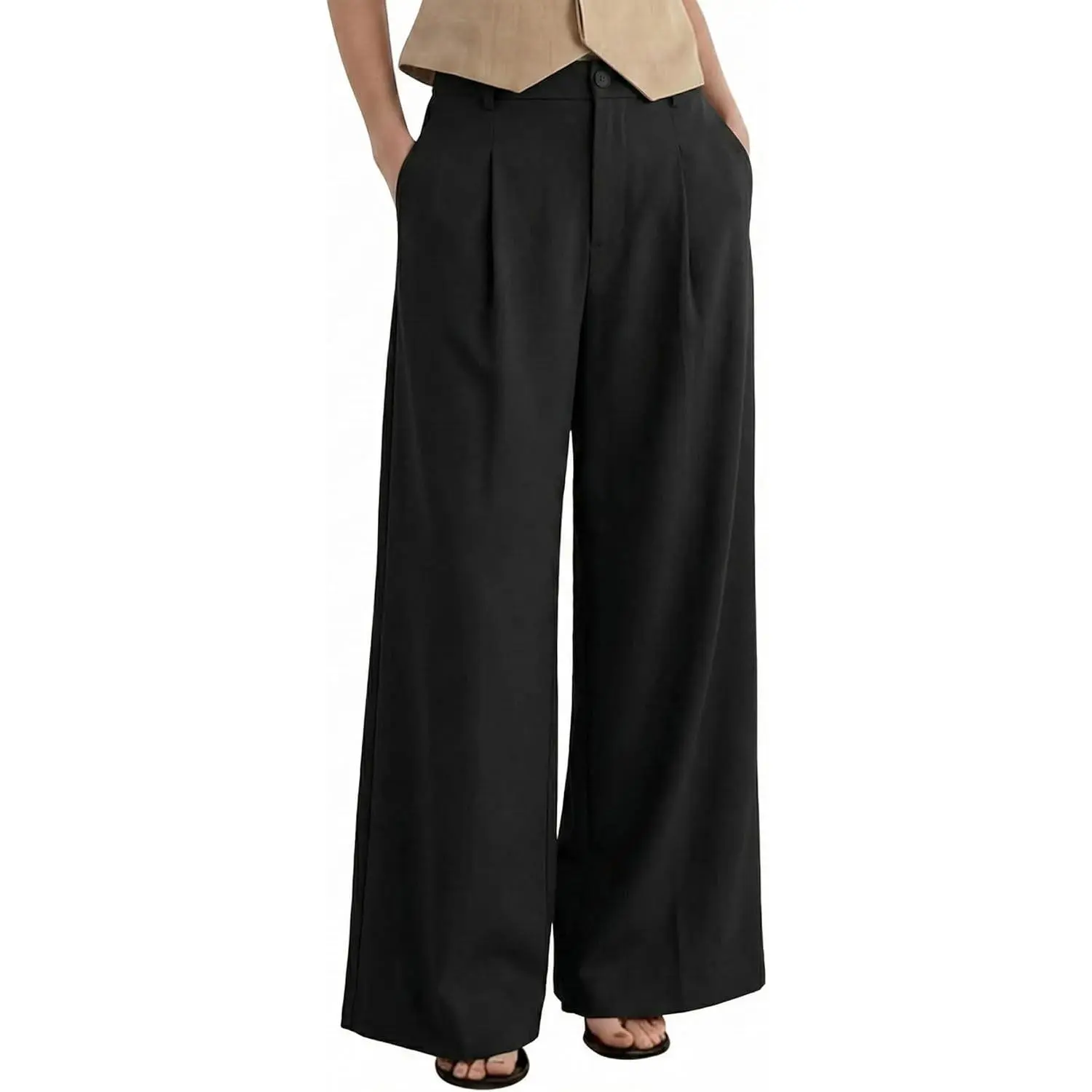Women's High Waist Smooth Linen Blend Wide-Leg Palazzo Pants - All-Seasons Business Casual Elastic Waist Bottoms with Front Pleats, Pockets, Breathable Fabric, Regular-Fits, Tall Sizes, Machine Washable for Wedding & Blouse Matching