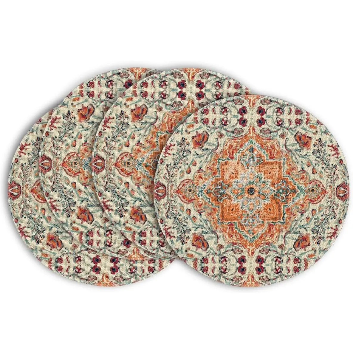 Boho Round Placemats Set of 4,14 Inch Seasonal Daily Orange Teal Flowers Bohemia Table Mats for Dining Decoration