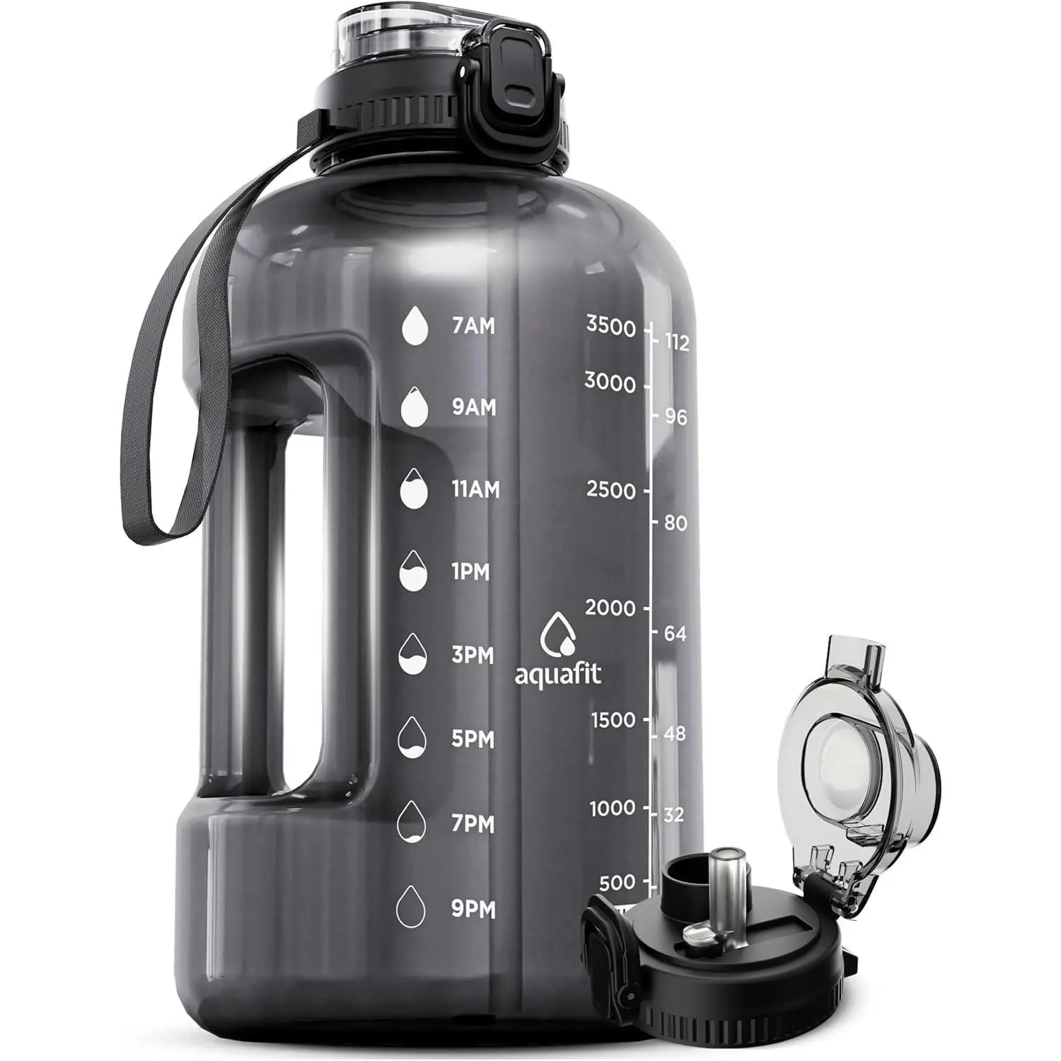 1 Gallon Water Bottle with Time Marker - Straw & Chug Lid - BPA Free Gym Water Bottle with Straw - Big Gallon Jug (Gray, 128 oz - 2in1 Lid)