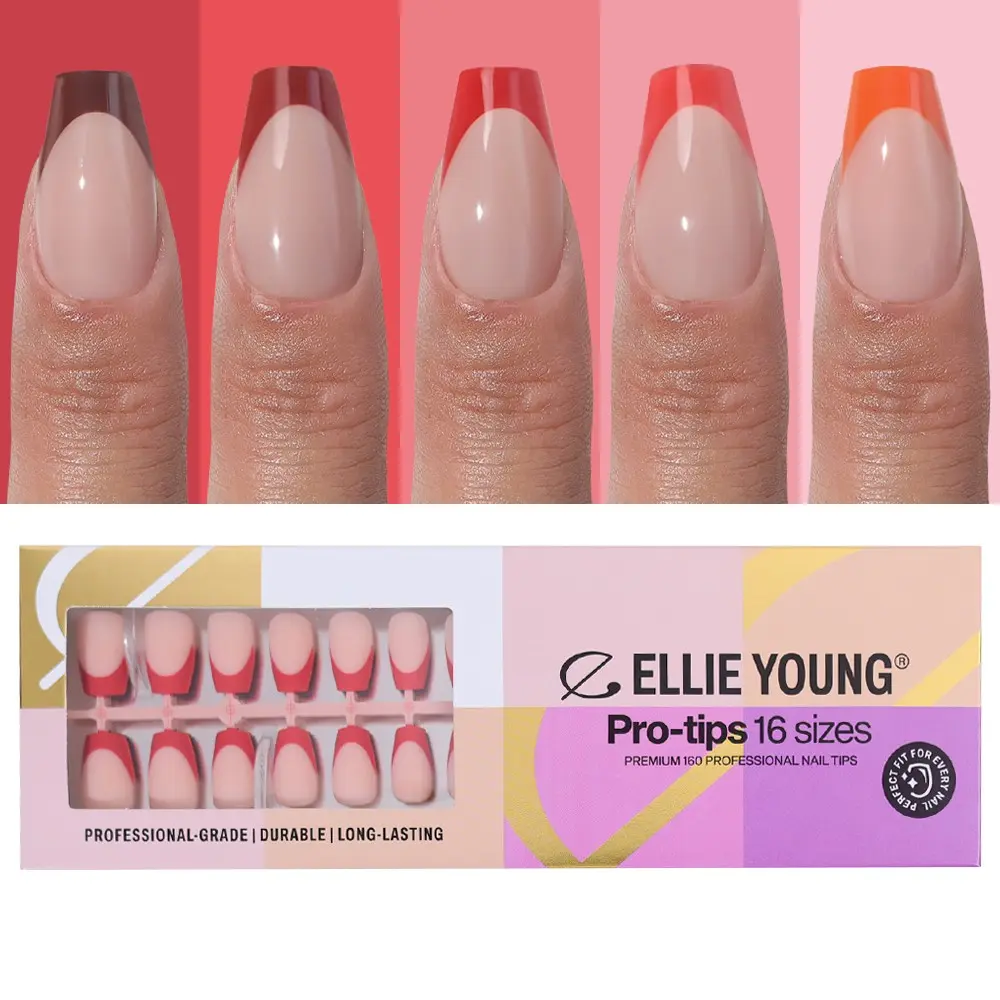 ELLIE YOUNG ProTips Medium Coffin Red Pastel French Tips, 160pc Press-On Nails Kit – 16 Sizes, Matte Gel Acrylic Look, Soft Gel DIY Extensions, Nail Art Supplies
