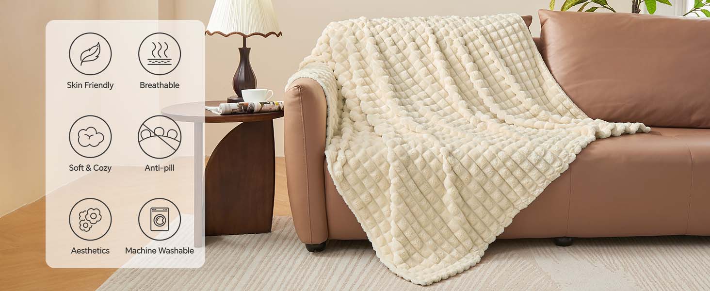 Cream Throw Blanket for Couch and Bed- Soft and Warm 3D Checkered Fuzzy Fleece Blanket, Luxurious Plush Cozy Blanket for Room, 50x60 inches
