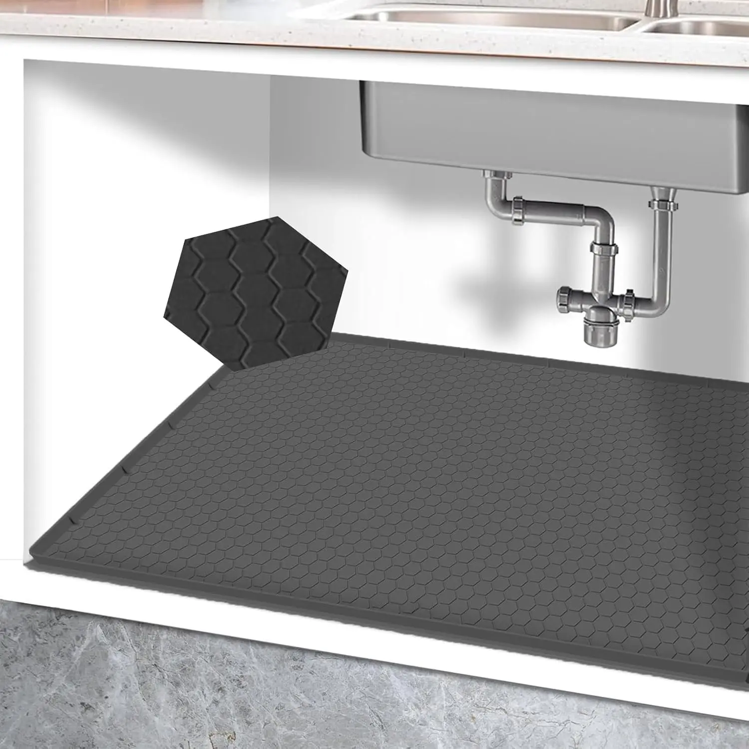 28"x19"  Under Sink Mat for Bathroom/Kitchen Cabinet Organizer Mat | Leak-Proof  Liner Pad & Anti-Spill Tray | 0.7in  Barrier, 3.5Gal Capacity