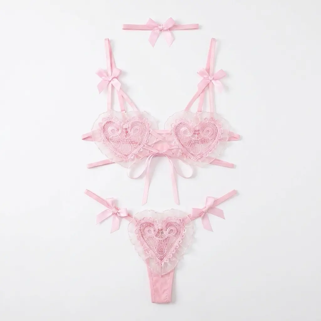 Sweet Light Pink Heart Embroidery Lace 3 Piece Home Matching Set Adjustable Strap Camisole Bottom & Bow Choker Breathable Mesh Romantic Loungewear Perfect Valentine & Birthday Gift For Women