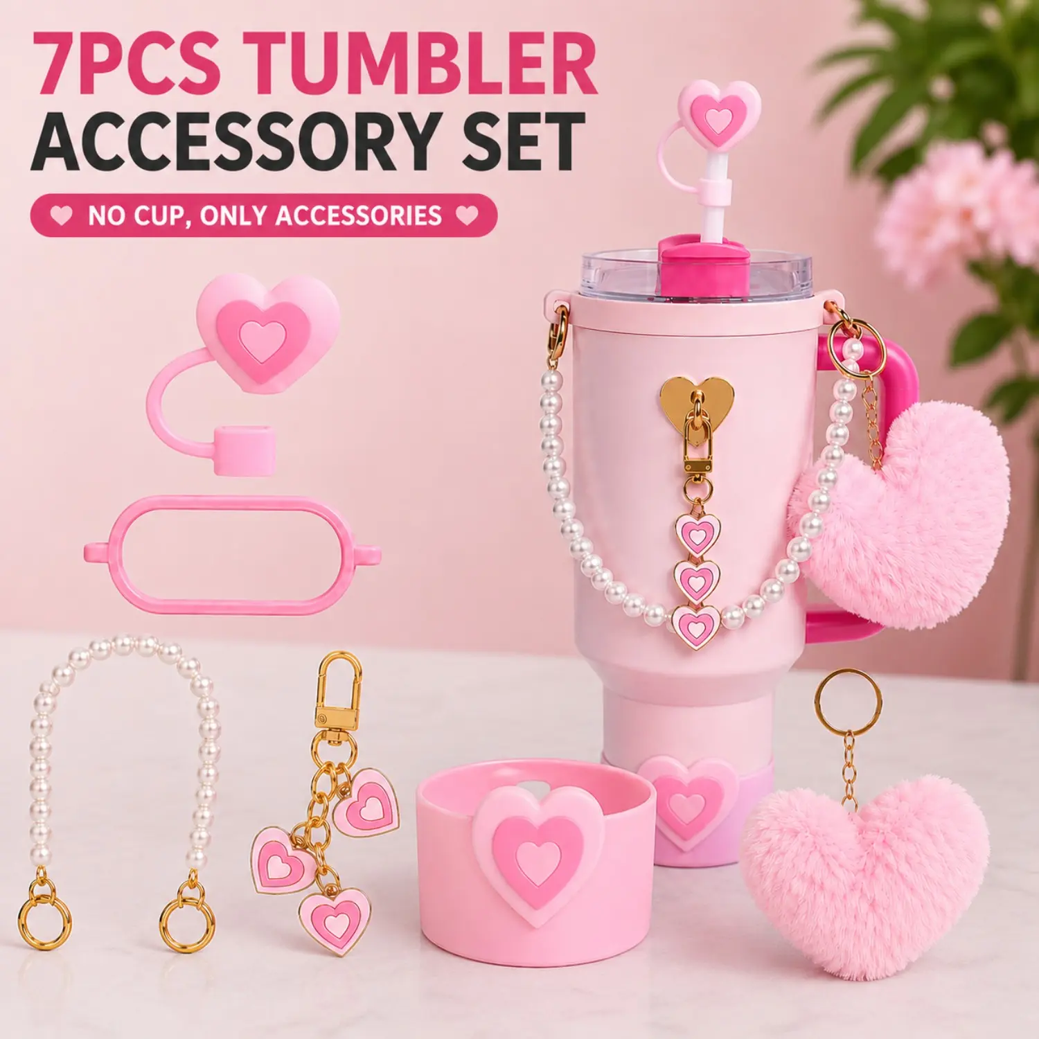ONESHOW HOME 7PCS Pink Heart Cup Accessories Set for 40 oz & 30 oz Cups, Cute Tumbler Decoration Kit with Heart Straw Topper, Silicone Boot, Pearl Strap, Heart Charms & Pom Pom Charm, Gift for Women, Girls, Tumbler Lovers, Cup Not Included