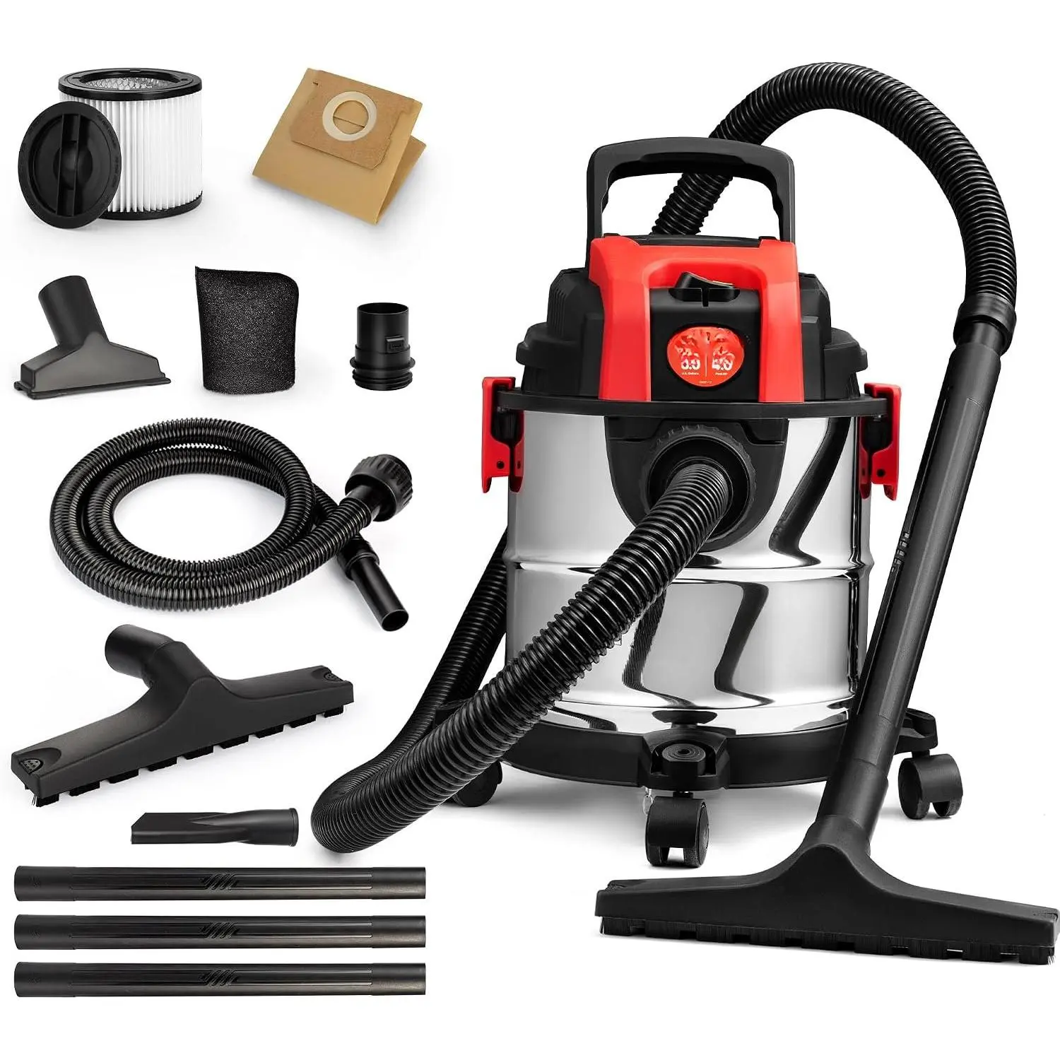 3 Gallon 4.0   Wet/Dry Vacuum with Blower Function | Stainless Steel , Portable Shop Vacuum with Wheels, Includes Filters, Hose & Accessories, Ideal for Garage and Workshop